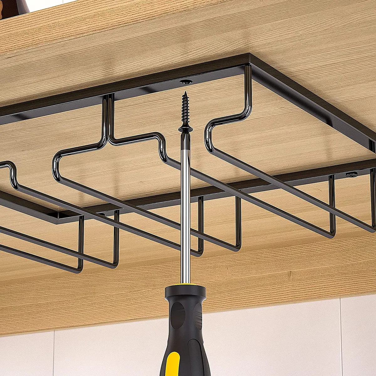 Porta Bicchieri da Vino Supporto per Calici in Metallo per Bar e Cucina Gancio Sottopensile Organizer in Acciaio Inox Scaffale di Stoccaggio (Black, 3 Rows 1 Pack)