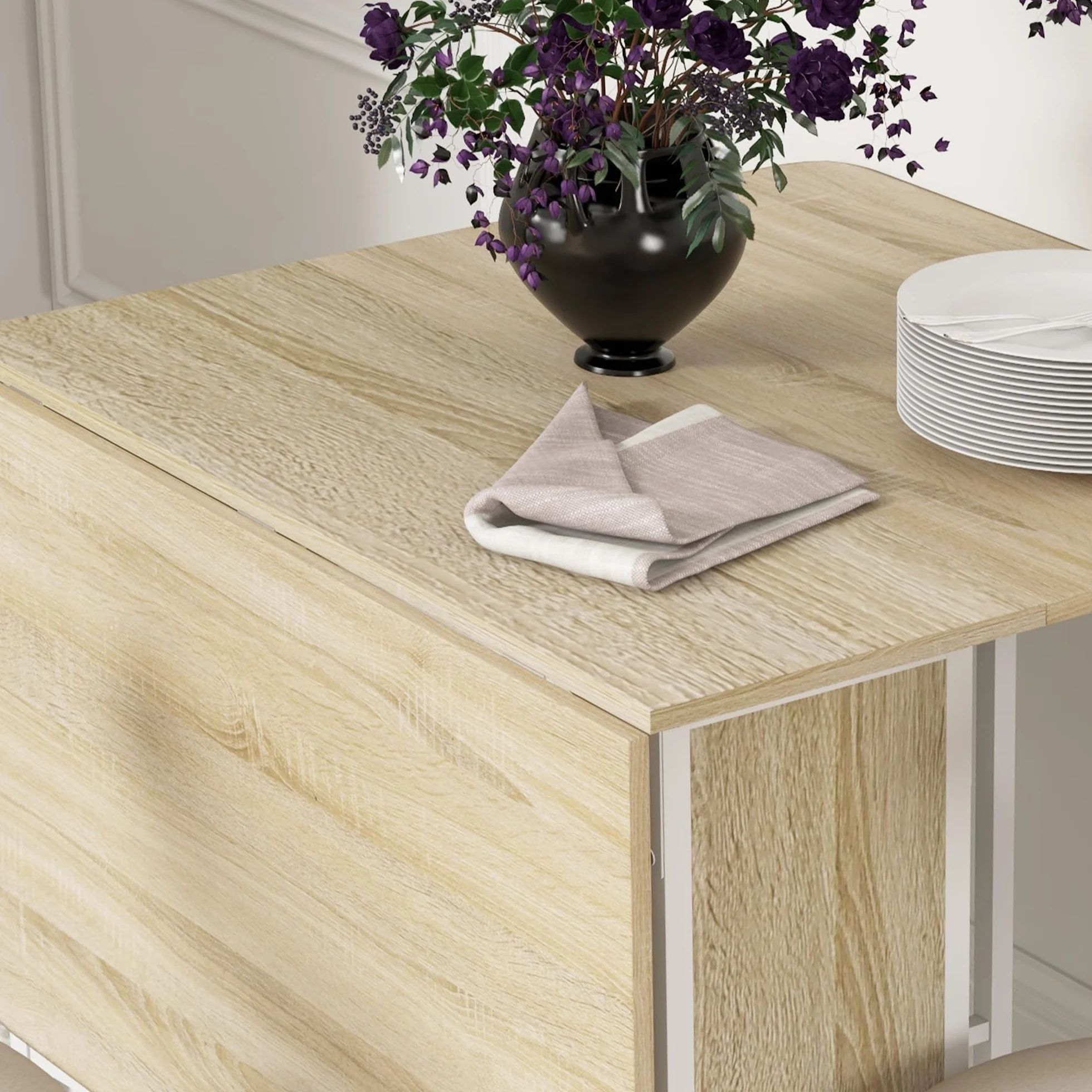 HOMCOM Tavolo da Pranzo Pieghevole, Tavolo a Ribalta per 4-6 Persone, Tavolo da Cucina Salvaspazio Moderno con Ripiano e 6 Ruote, in Metallo, 130x80x74 cm, Color Legno