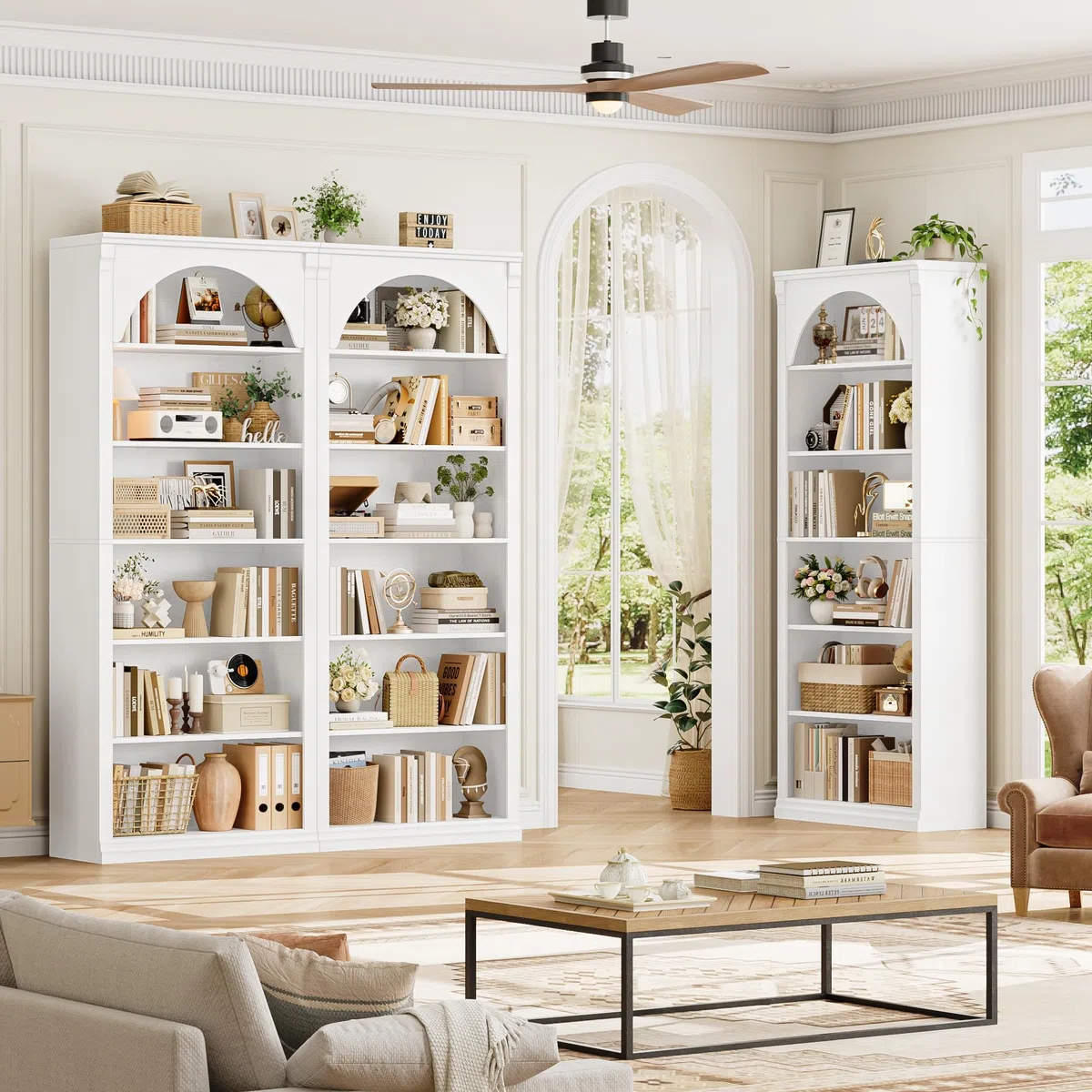 FirFurd Libreria Verticale, Libreria da Arco a 6 Ripiani, Scaffale Portaoggetti con Scomparti e Ripiani Aperti, per Soggiorno, Ufficio, Studio, Camera da letto, 75x27.7x186cm (Bianco)