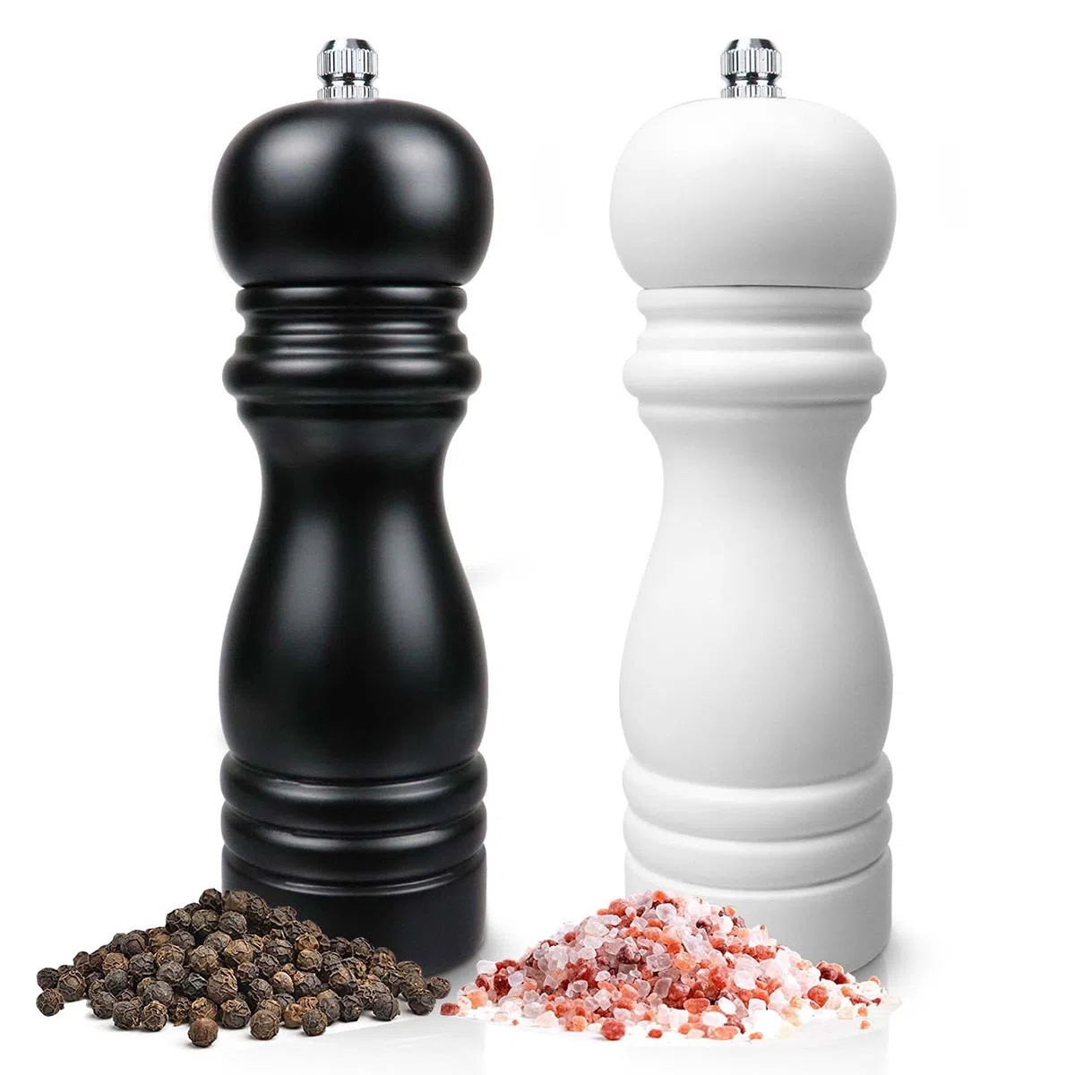 Macina Sale e Pepe Manuale, Macinapepe e Macinasale in Legno, Macinino per Spezie con Macina in Ceramica Regolabile da Fine a Grossolano, 2 Pezzi, Nero + Bianco (16.5cm)
