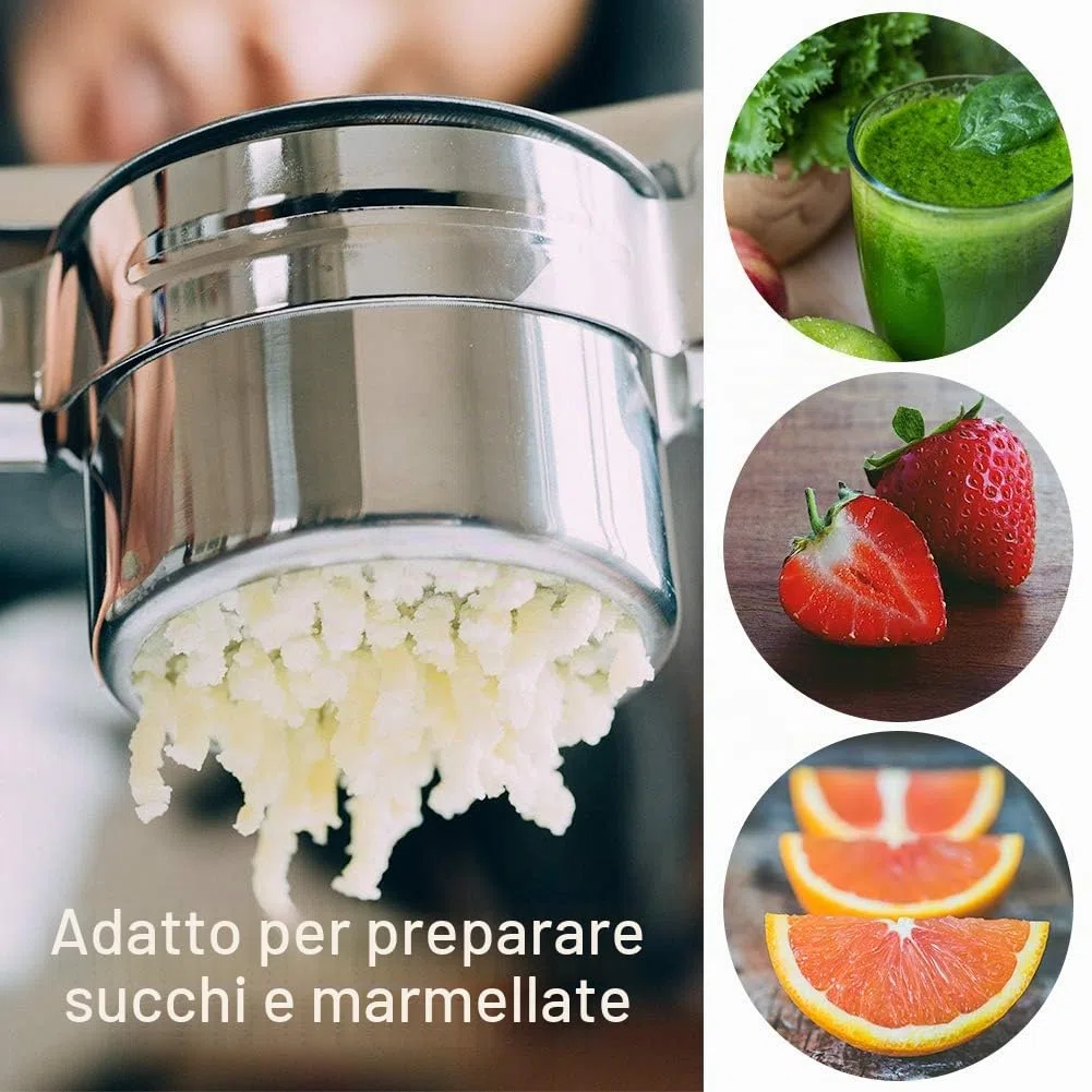 Schiacciapatate Manuale in Acciaio Inox, Professionale Potato Ricer, Pressa per Purè di Patate Liscie, Marmellata, Verdure E Frutta, con 3 colini sostituibili (Fine Medio Grossolano)