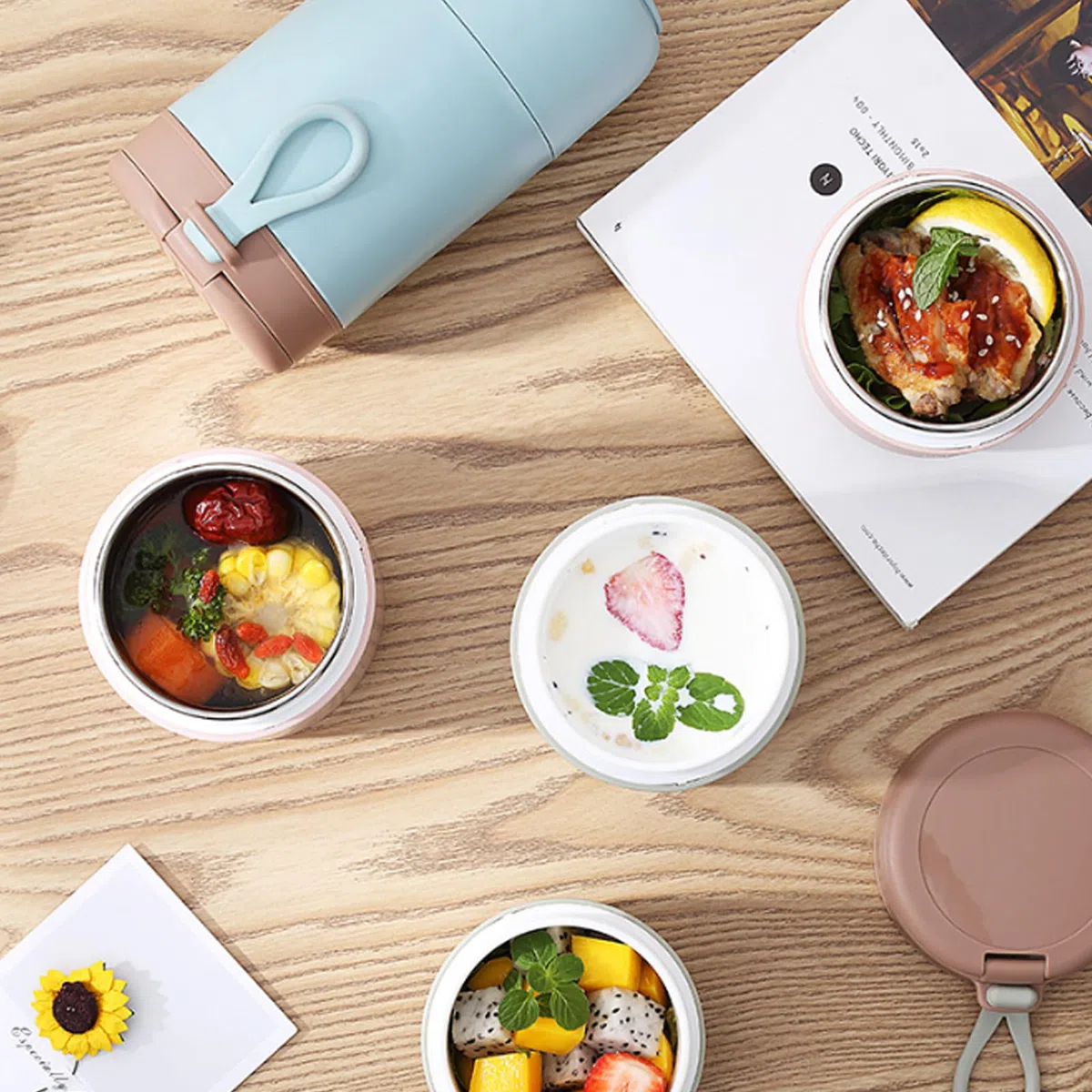 Contenitore termico in acciaio inox per mangiare: ciotola termica con cucchiaio, 800 ml, contenitore termico sottovuoto isolato, contenitore termico per bambini (blu)