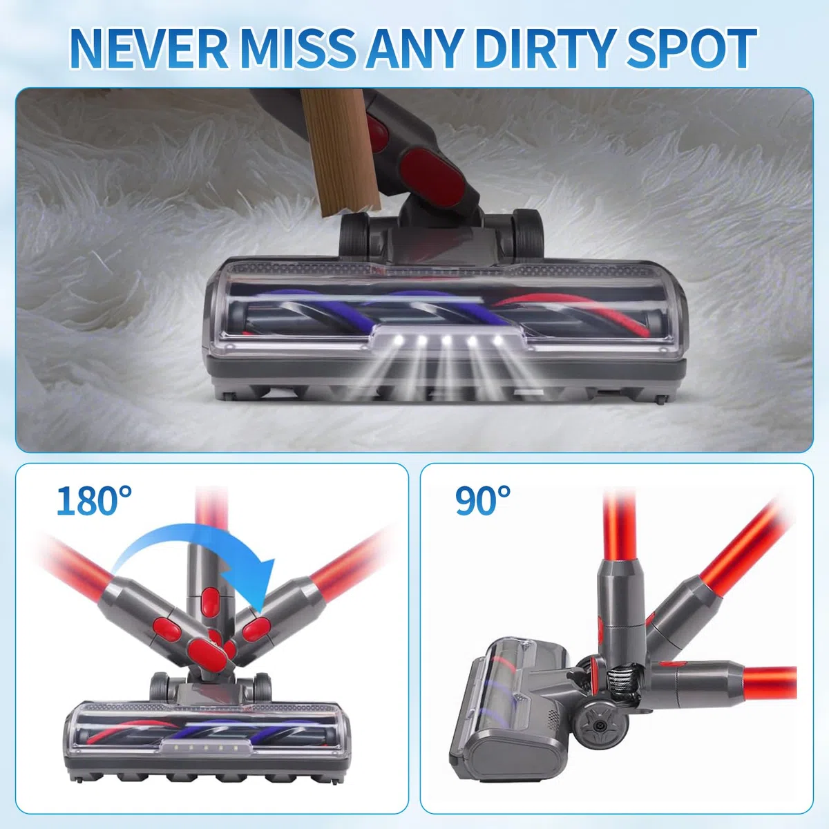 Spazzola Compatibile con Dyson V7 V8 V10 V11 V15 per Aspirapolvere, Ricambio Spazzola per Dyson Accessori con 4 Testine LED e 2 Rulli di Ricambio