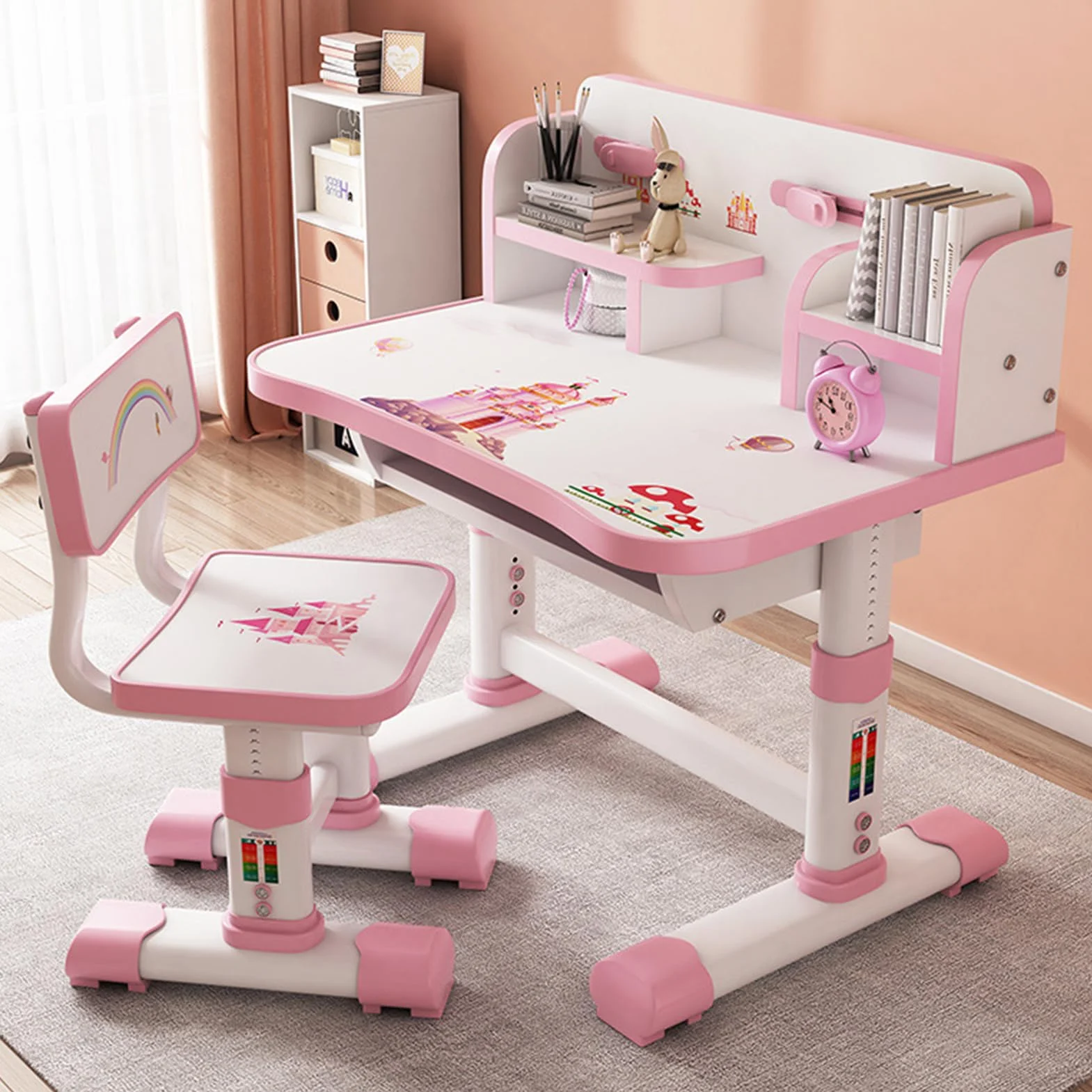 Set di sedie da scrivania per bambini, altezza regolabile, tavolo da studio per bambini, scrivania allargata con scomparto portaoggetti per casa e scuola (bianco e rosa)