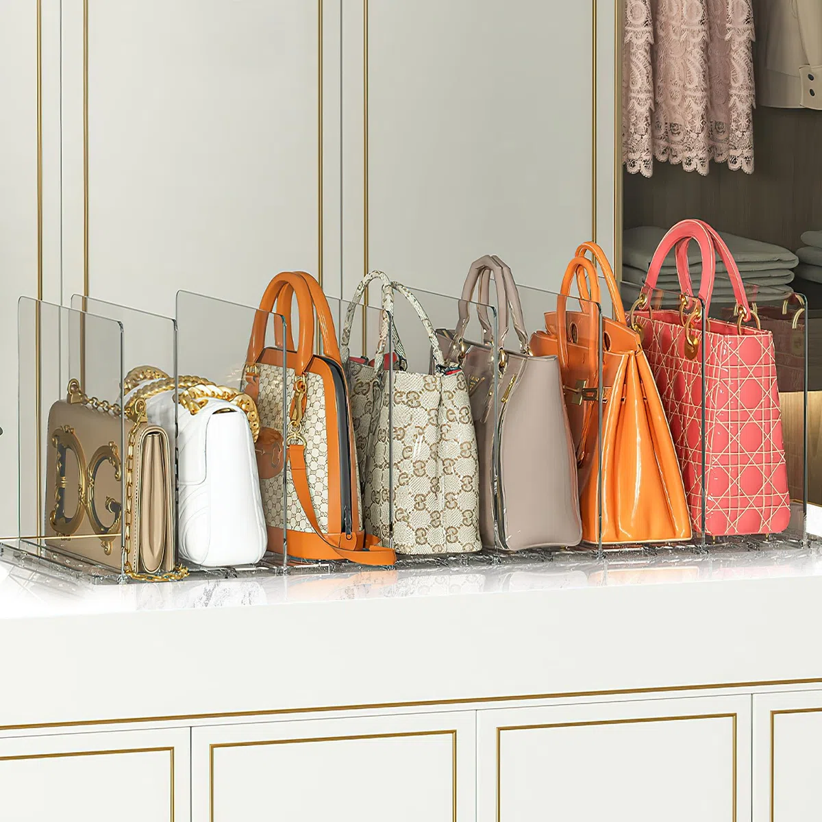 8 Pezzi Divisori Per Armadio Porta Borse Organizer Rimovibile E Regolabile Trasparente Mensole Interno Borse, Vestiti, Scarpe, Con Base
