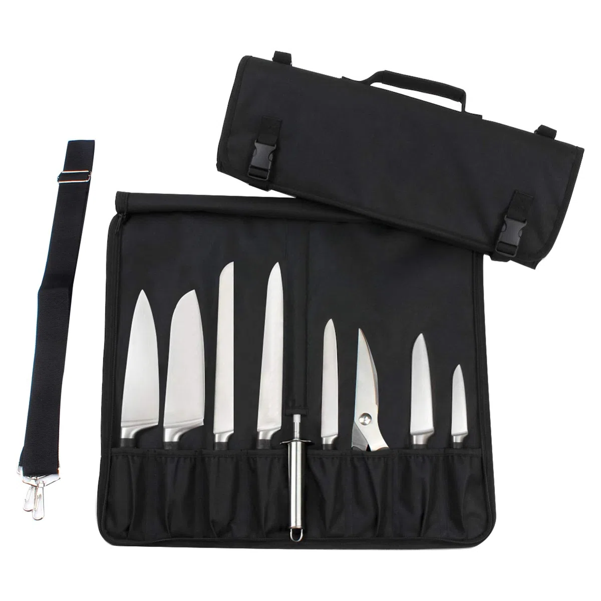 Tosnail Chef - Borsa per coltelli con 15 scomparti, facile da trasportare e tracolla, colore: Nero