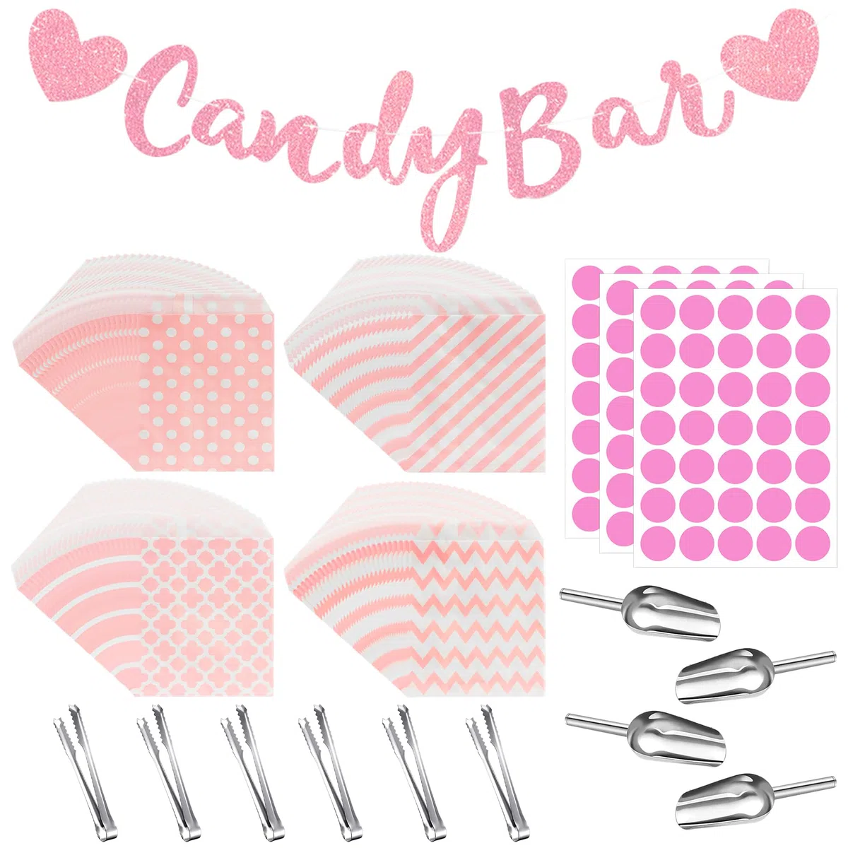114PCS Set di Accessori per Candy Bar,Contiene 100 Sacchetti di Caramelle,3 adesivi,6 pinze per zucchero,4 Pale di Caramelle,1 Striscione Candy Bar Banner per caramelle,bar,buffet