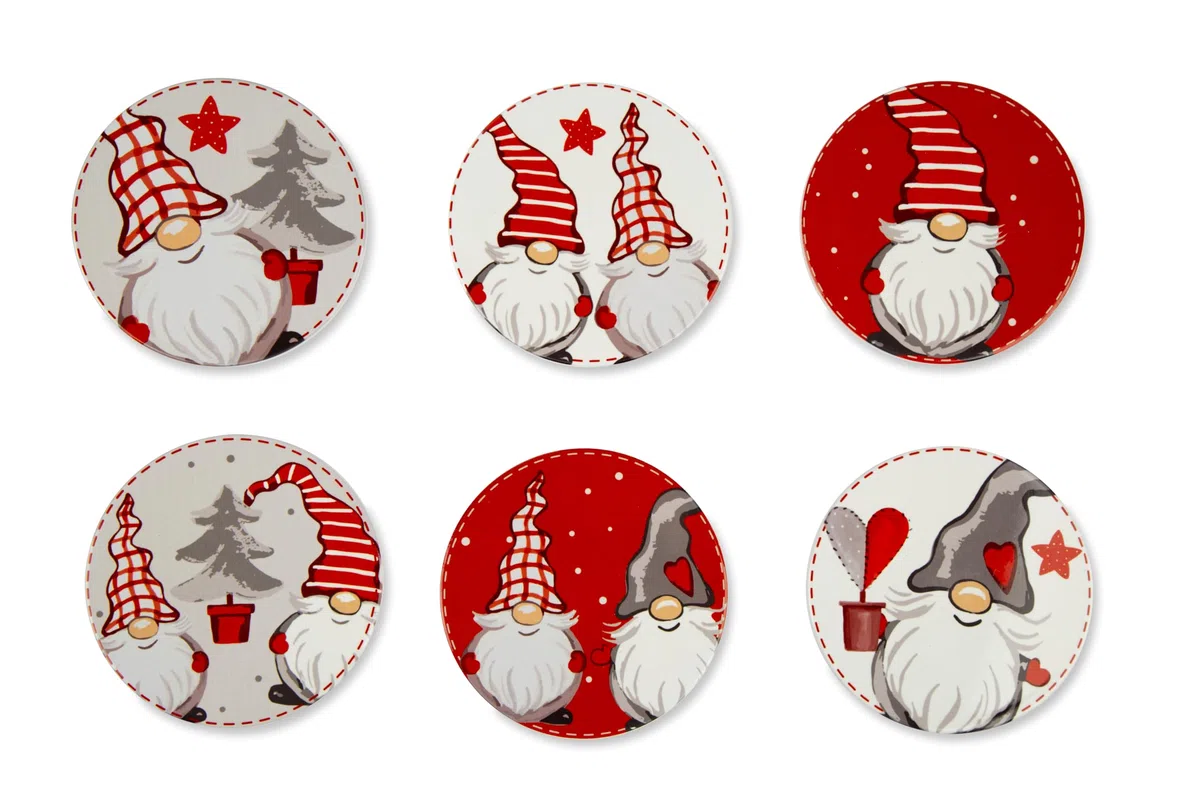 Excelsa Gnomo Set 6 Sottobicchieri, Ceramica, Base in Sughero, Diametro 10,5 Cm., Multidecoro