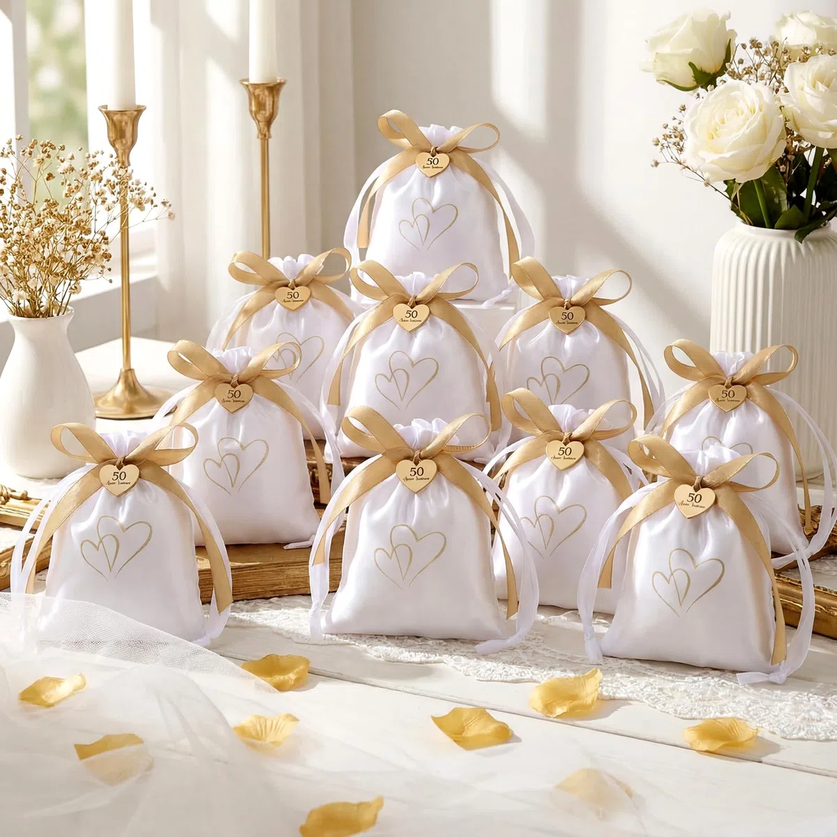 Otuuz 25 Set Bomboniere Matrimonio Sacchetti Bomboniere Sacchetti Regalo in Raso con Coulisse 50 Anni Insieme Ciondolo a Forma di Cuore in Oro e Nastro Regali per l'Anniversario Festa di Nozze