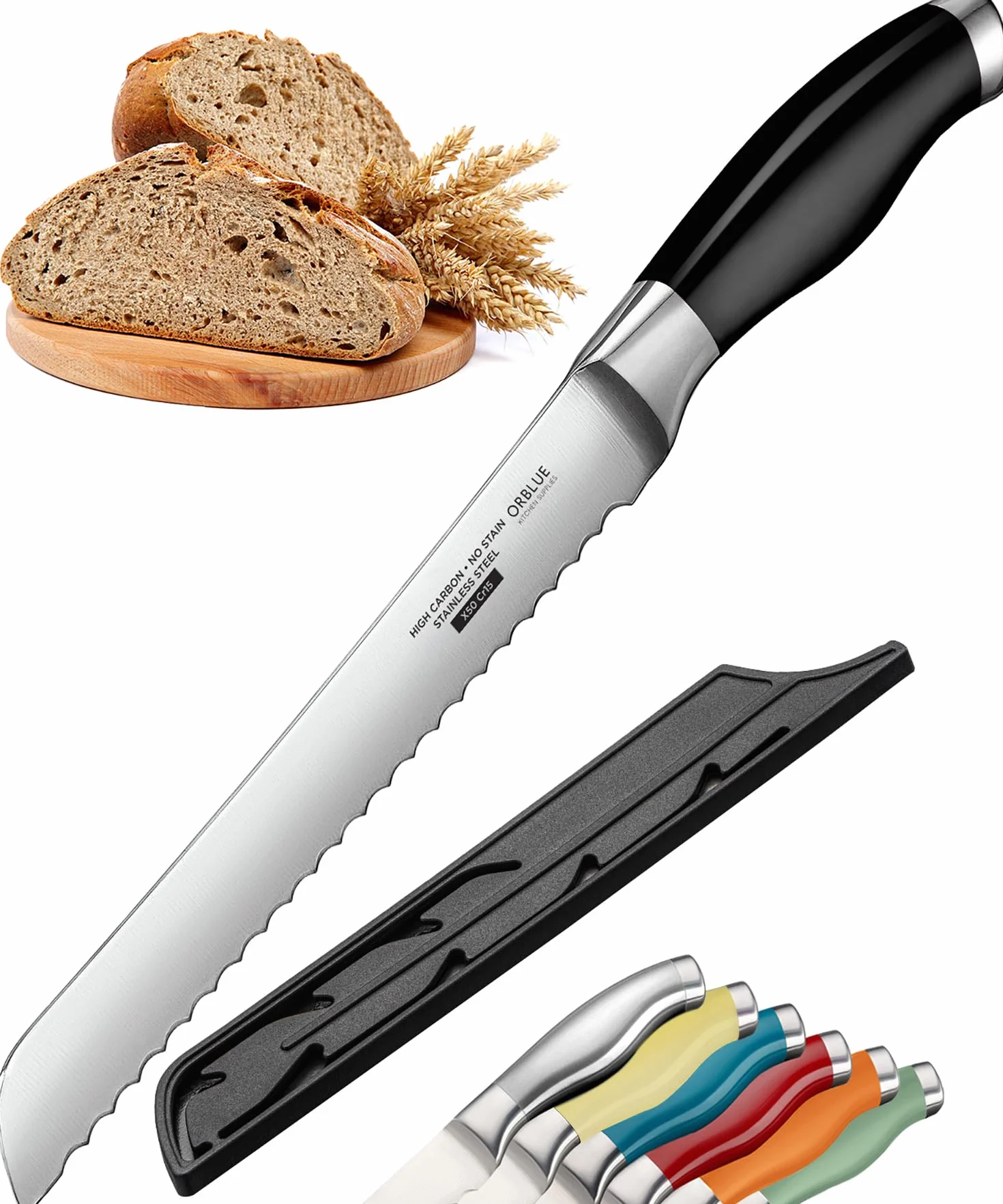 Orblue Coltello per Pane Professionale 20cm, Coltello da Cucina Seghettato, Ideale per Tagliare Pane a Fette, Apri Ostriche Incluso