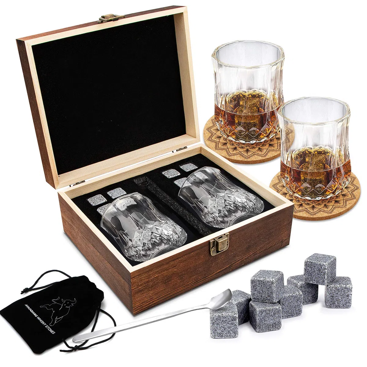 Whisky Stones Set da Regalo da uomo di Pietre e Bicchieri di Whisky, Set di 8 Granito Cubetti di Ghiaccio Riutilizzabil, 2 Bicchieri da Whiskey, Whisky Pietre Set con Sottobicchieri.