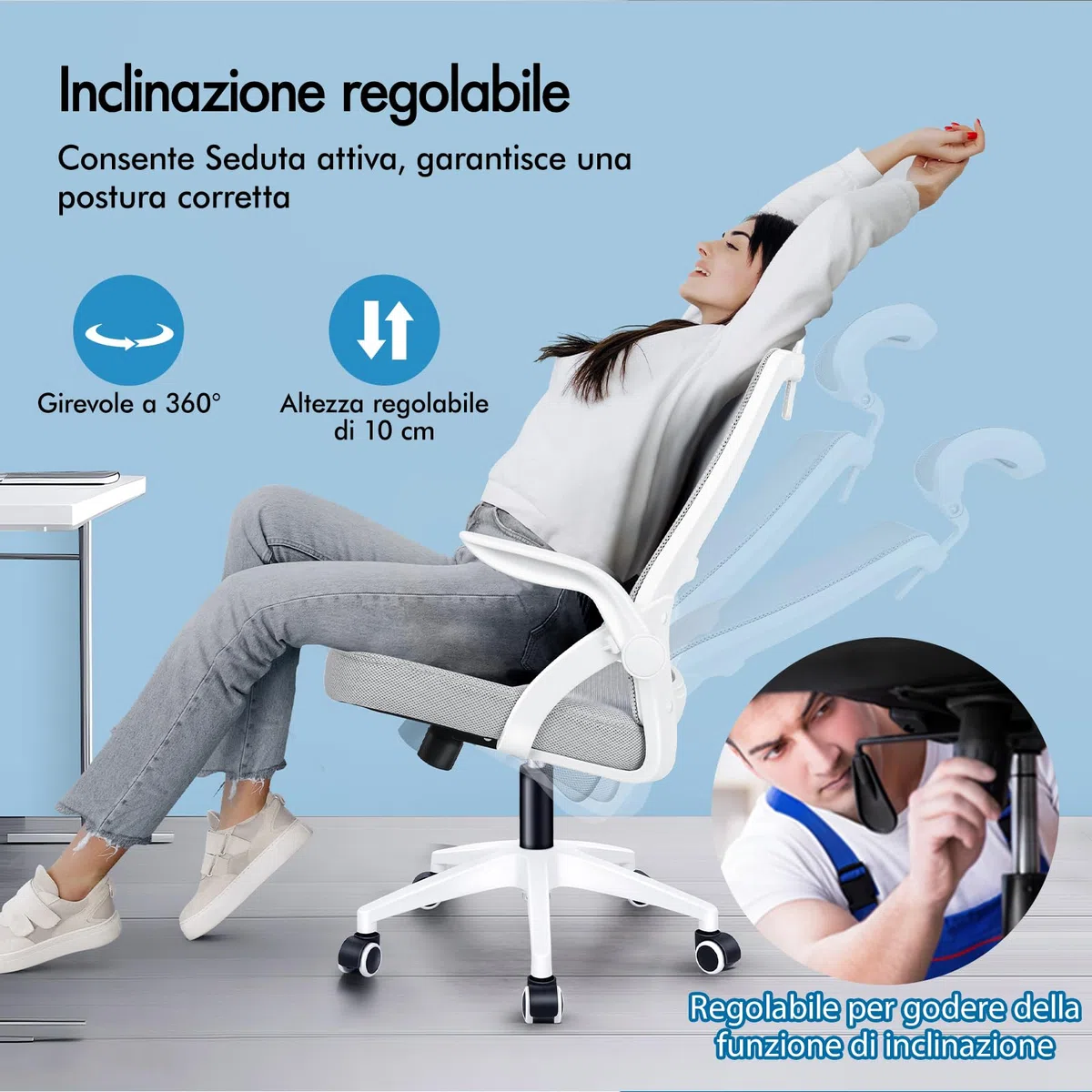 ALFORDSON Sedia da Ufficio Scrivania Ergonomica, Con Braccioli Pieghevoli, Sedile Imbottito e Schienale in Rete Traspirante, Girevole con Ruote, Funzione Oscillante, Portata 180 kg(Bianca e grigia)