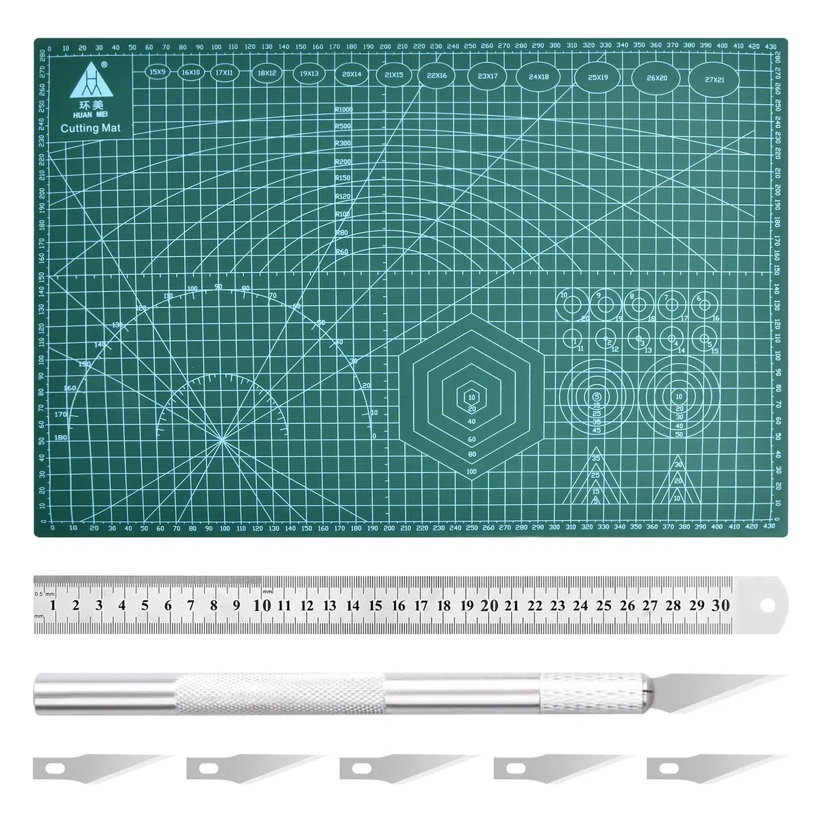 Tappetino da Taglio Autorigenerante A3, Tappetino da Cucito, Cutting Mat, con 6 Coltelli per Bricolage e Righello in Acciaio, per Cucito, Lavori Manuali e Patchwork (A3, 45 x 30 cm, Verde)