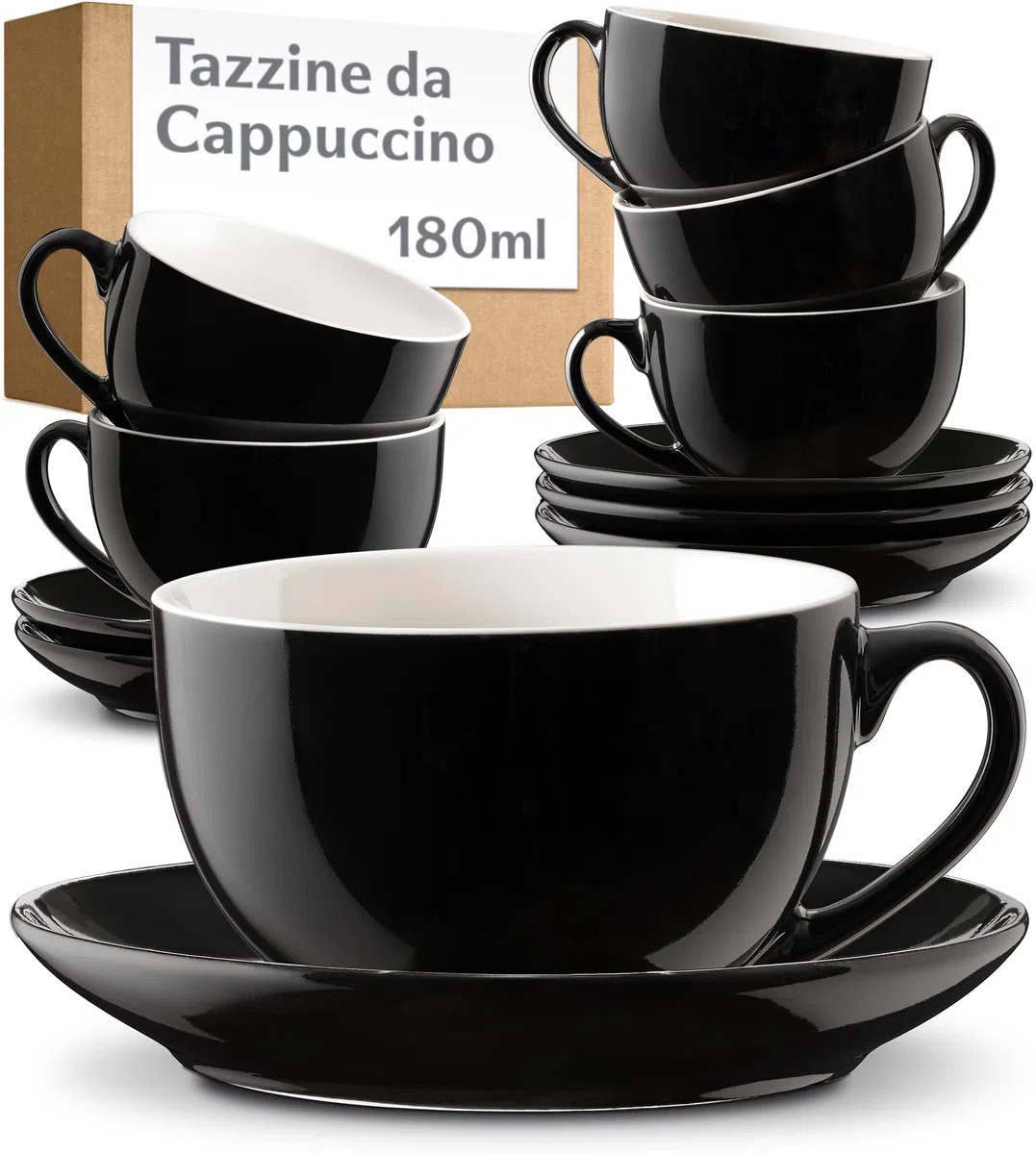 Cosumy Set Tazzine Caffè 6 Pezzi - Tazze Cappuccino Nere con Piattini - Tazzine Caffe Particolari in Ceramica - Tazze Colazione & Tazze Caffè - Lavabili in Lavastoviglie - Scatola Regalo - 180 ml