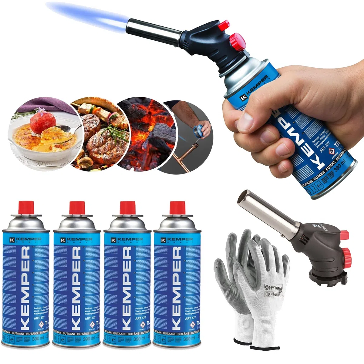 Kemper - Torcia Cannello a gas, Scottatore da Cucina, Caramellatore + Ricarica di Gas Butano da 227 g, multifunzione + Guanti Omaggio (4 BUTANO + CANNELLO)