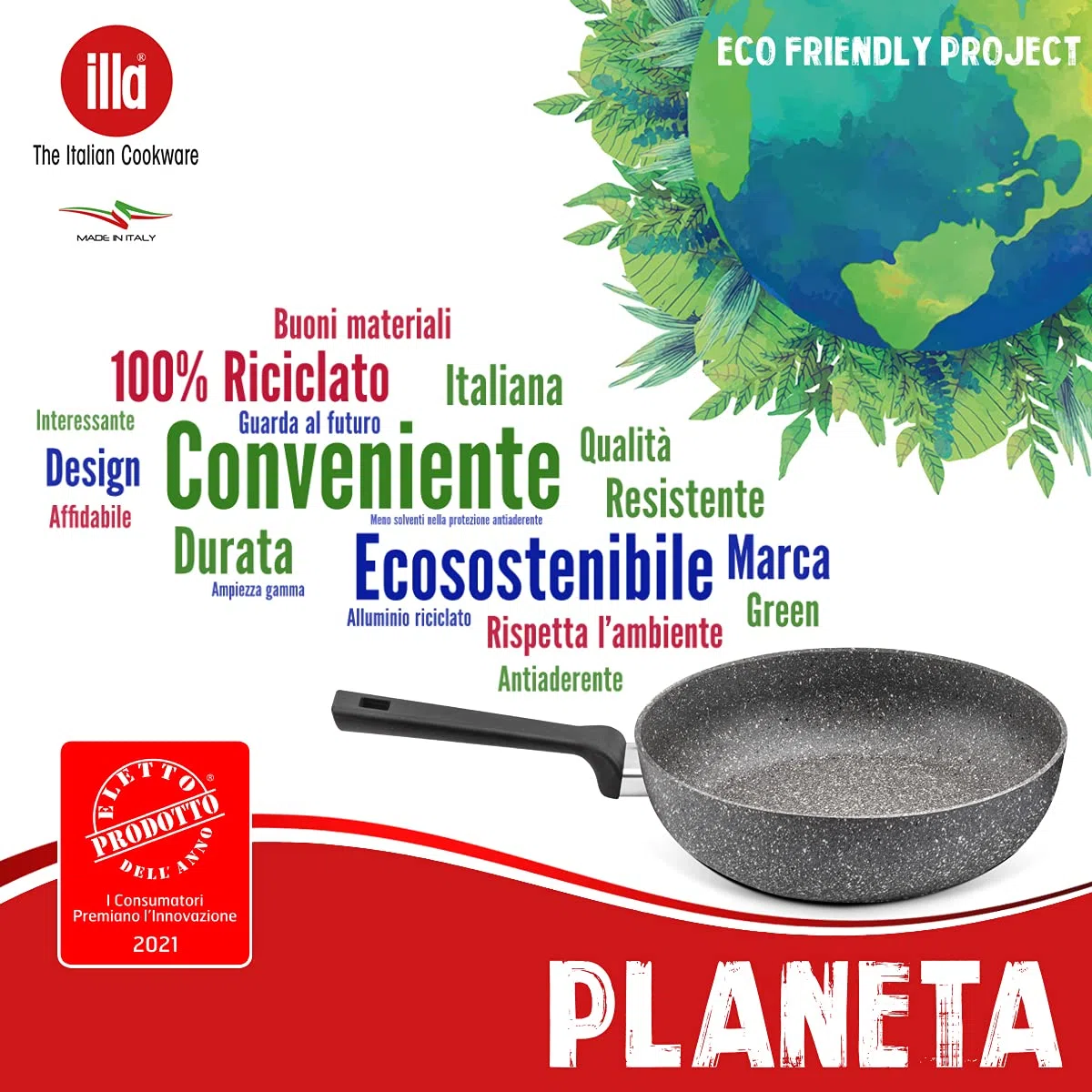 ILLA Planeta Tegame 2 manici 24 cm adatto per Induzione in Alluminio 100% riciclato, Made in Italy