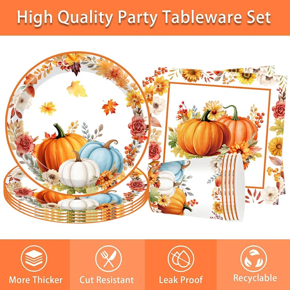 Zucca Stoviglie per Feste Decorazioni Autunno Ringraziamento Stoviglie Zucca Autunnali Bicchieri Piatti Carta Tovaglioli Forniture per Feste di Halloween Autunnale 16 Ospiti