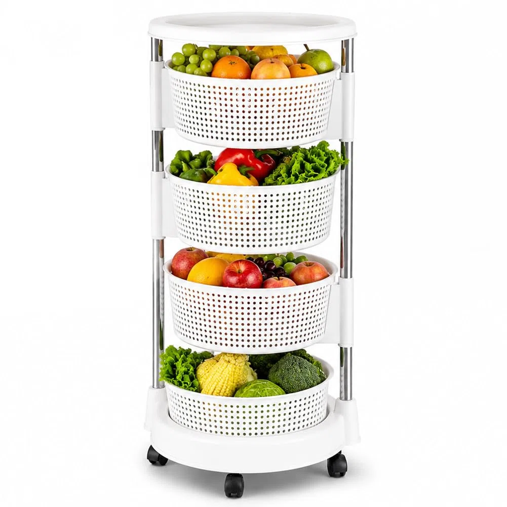 BAKAJI Carrello da Cucina portafrutta con cestelli apribili, Carrellino Portaoggetti Salvaspazio con 4 Ruote Girevoli, Struttura Acciaio e Cesti in plastica, Ideale Cucina, Bagno, (4 Ripiani)