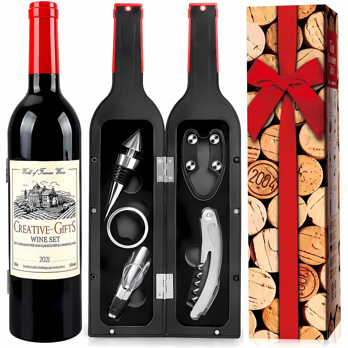 Set di Accessori da Vino a Forma di Bottiglia di Vino, Set di cavatappi, Set Regalo di Accessori per Il Vino, Set di apribottiglie, Set di Sommelier del Vino con apribottiglie (Red bottle001)