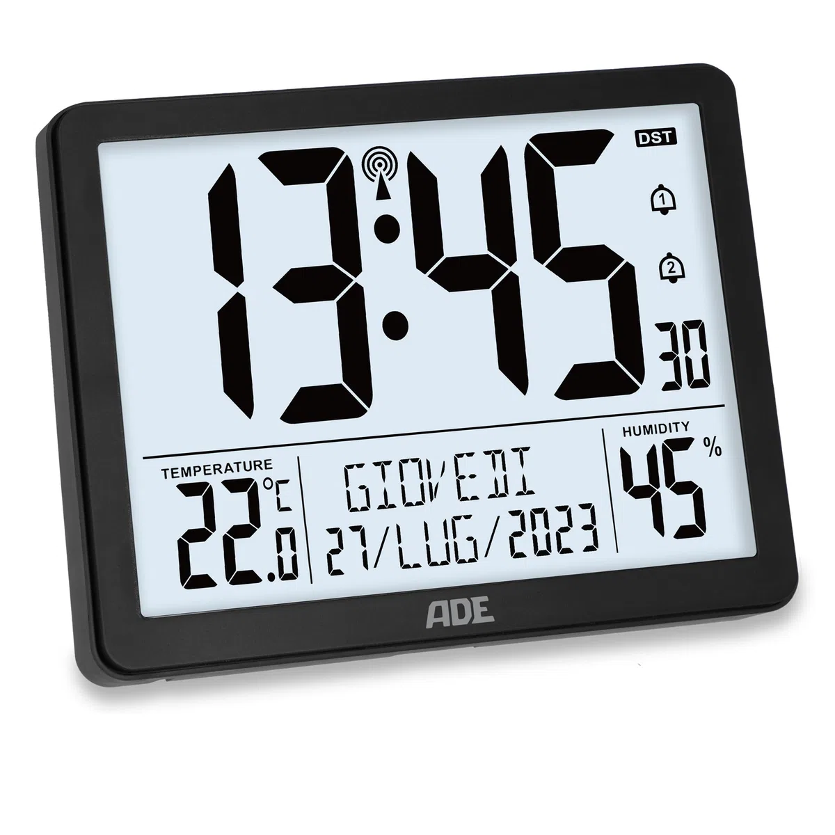 ADE Orologio digitale radiocontrollato con cifre molto grandi | Orologio da tavolo o parete con 2 orari di sveglia e illuminazione | Termometro Igrometro | Cornice stretta in nero opaco