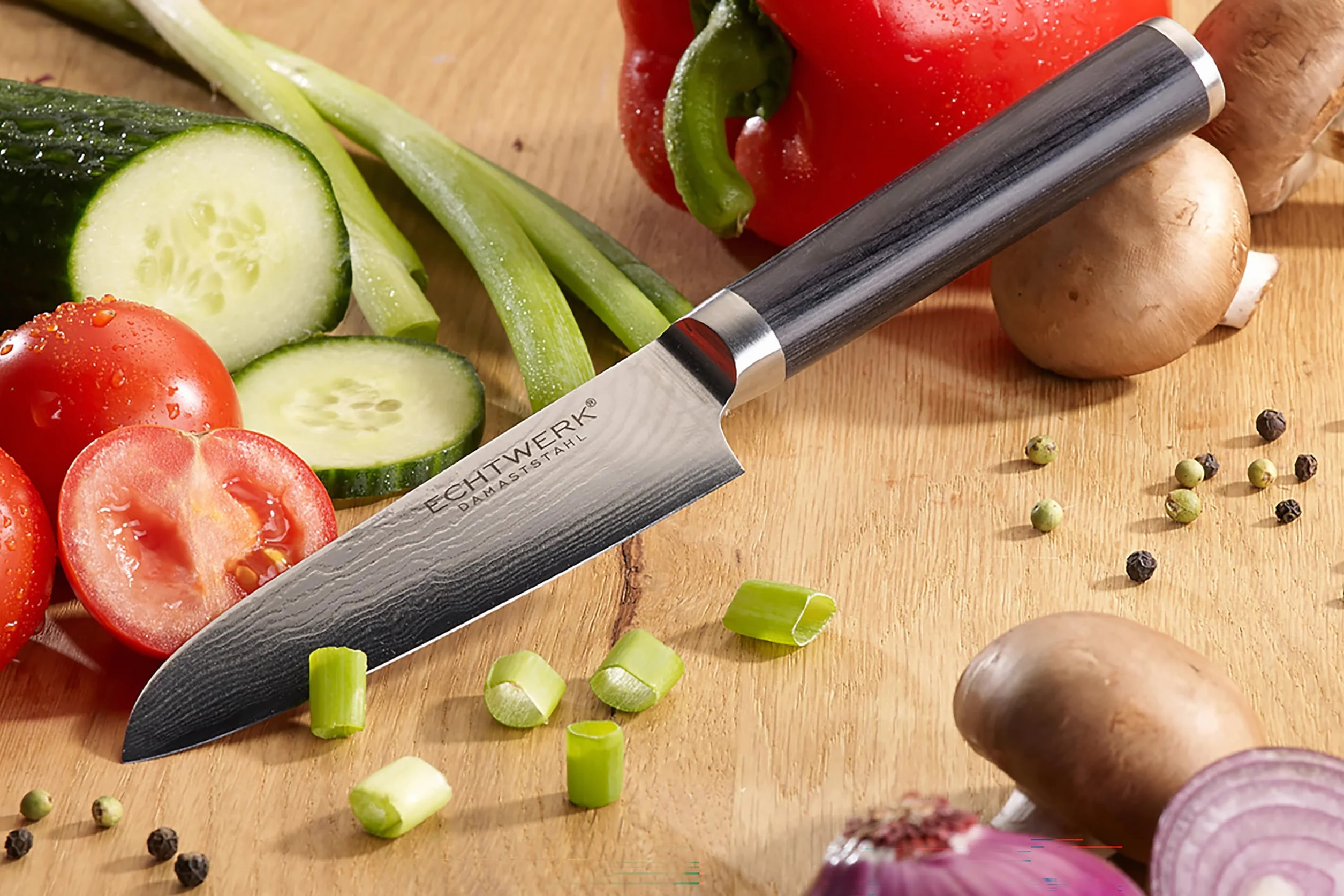 ECHTWERK Coltello Damasco, piccolo coltello santoku, coltello tradizionale giapponese, coltello da chef, coltello da cucina, lama affilata per tagli precisi di carne, pesce e verdure