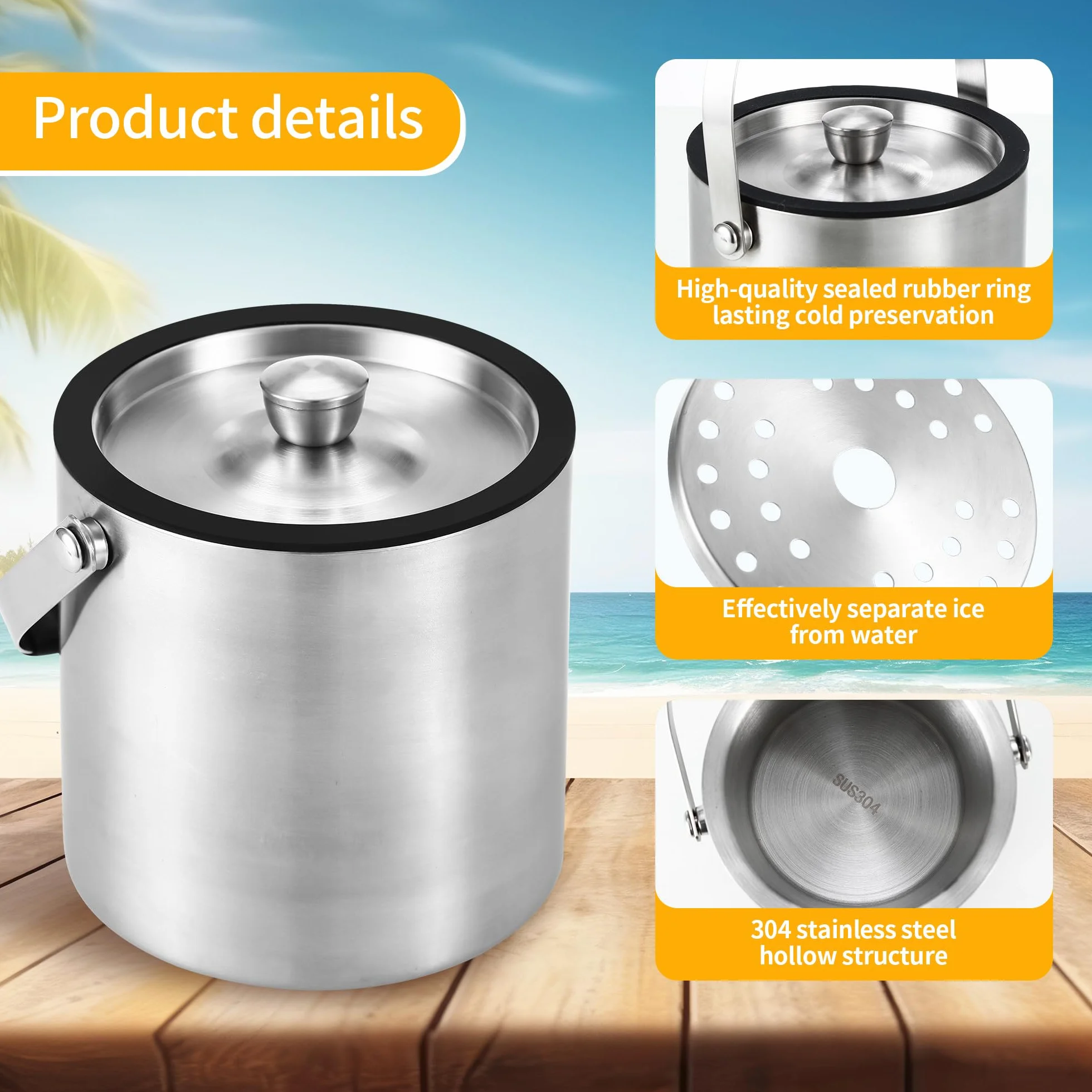 1.6 litri Secchiello Ghiaccio, Secchiello Ghiaccio In Acciaio Inox con Coperchio sigillante, Colino e pinze per Ghiaccio, Perfetto per cocktail Bar, Feste, Casa