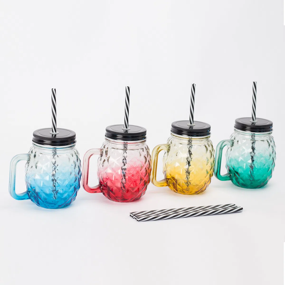 Relaxdays Bicchieri in Vetro con Coperchio, Cannuccia, Manico, Design Ananas, Chiusura a Vite, Set 4x500ml, Multicolore