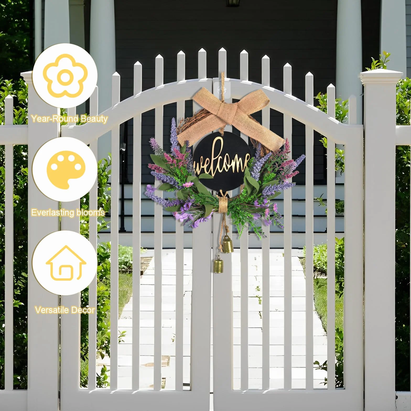 Ghirlanda Porta Ingresso 40cm Lavanda Ghirlanda Primaverile con Cartello di Registro "welcome" Decorazione Porta Ingresso con Archi e Campanelli Decorazioni Primavera Estate per Porte Finestre