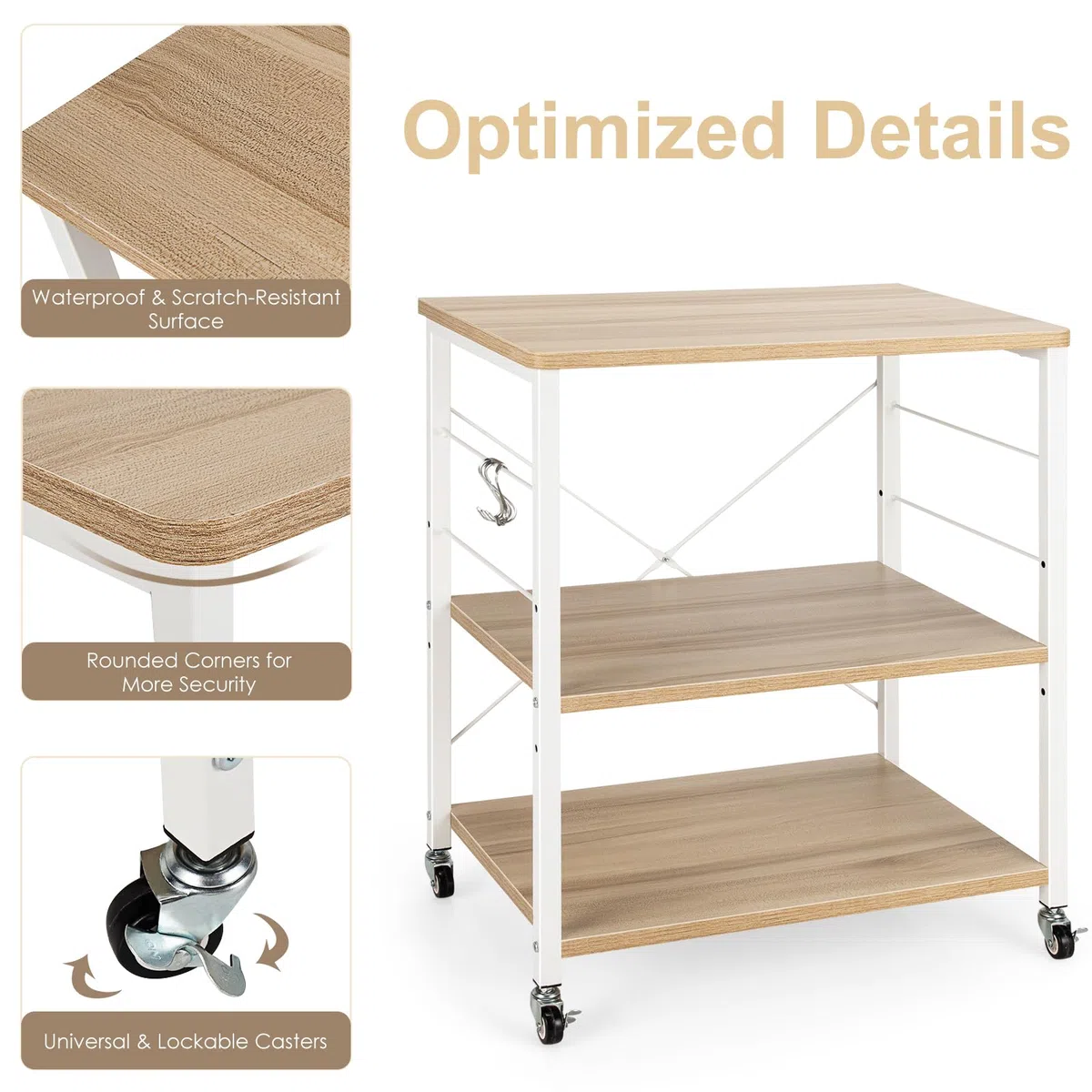 HOMASIS Carrello Porta Stampante a 3 Livelli in Legno, Carrellino con Ruote Portatutto con 10 Ganci, Struttura a X, Ripiani Regolabili 2 Ruote con Freni, Scaffale Multiuso per Ufficio (Beige)