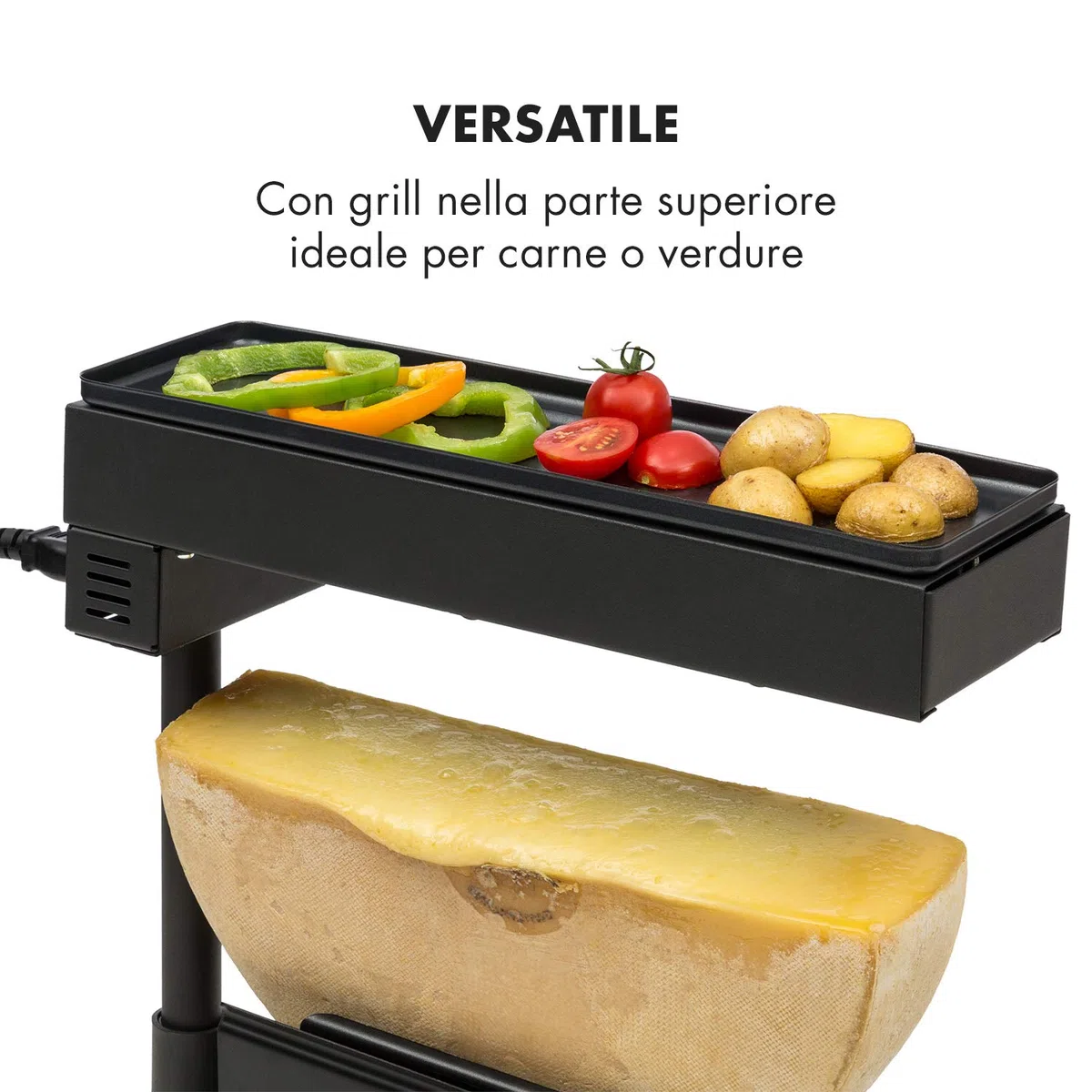 Klarstein Griglia per Raclette con Vassoio in Acciaio Inox, Piastra Raclette Formaggio Rotabile e Regolabile 1000W, Piastra Elettrica per Grigliare Carne e Formaggio, Piastra Grill per Interni