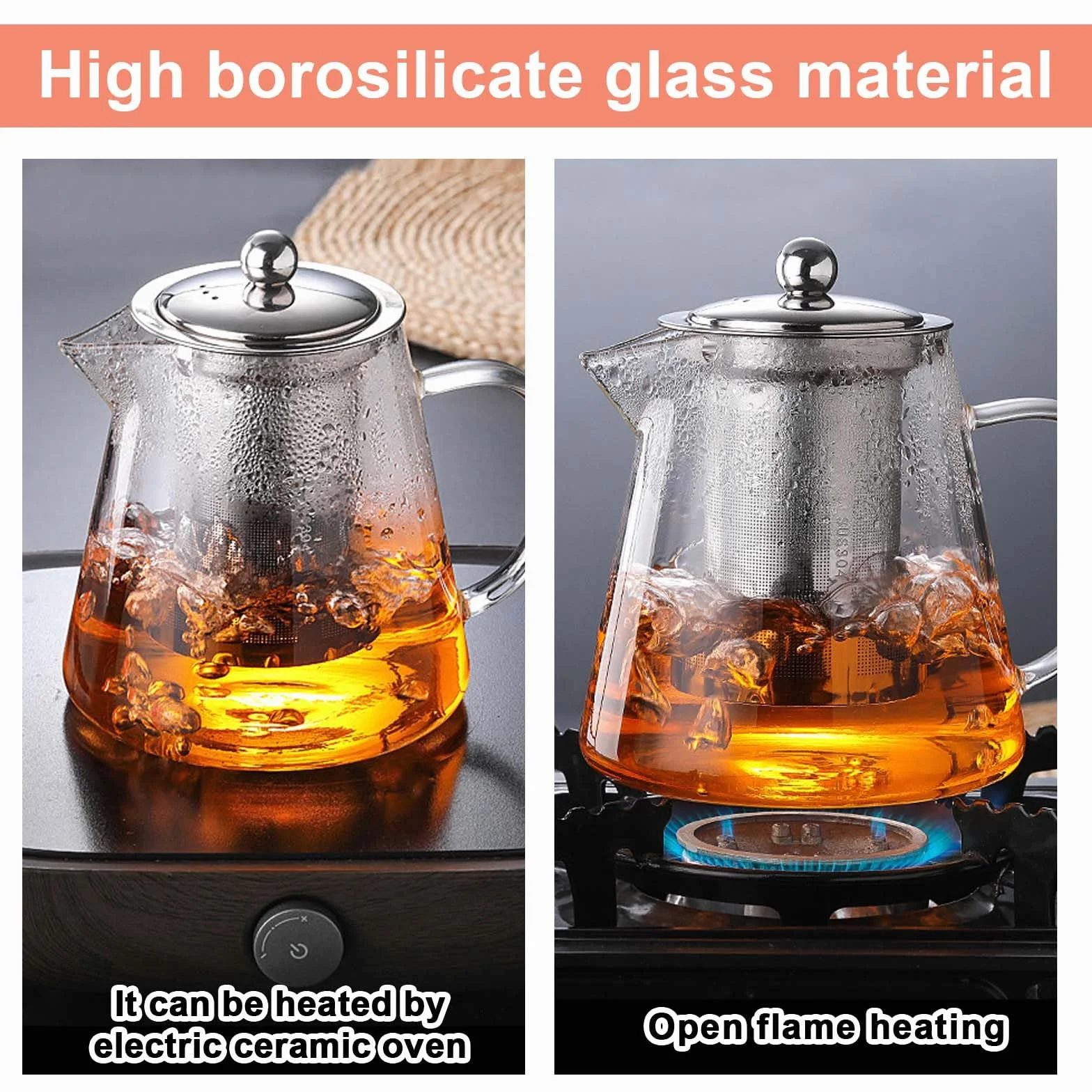 Teiera in Vetro Borosilicato da 1,3 Litri con Filtro e Protezione da Surriscaldamento per Foglie Sciolte, Ideale per la