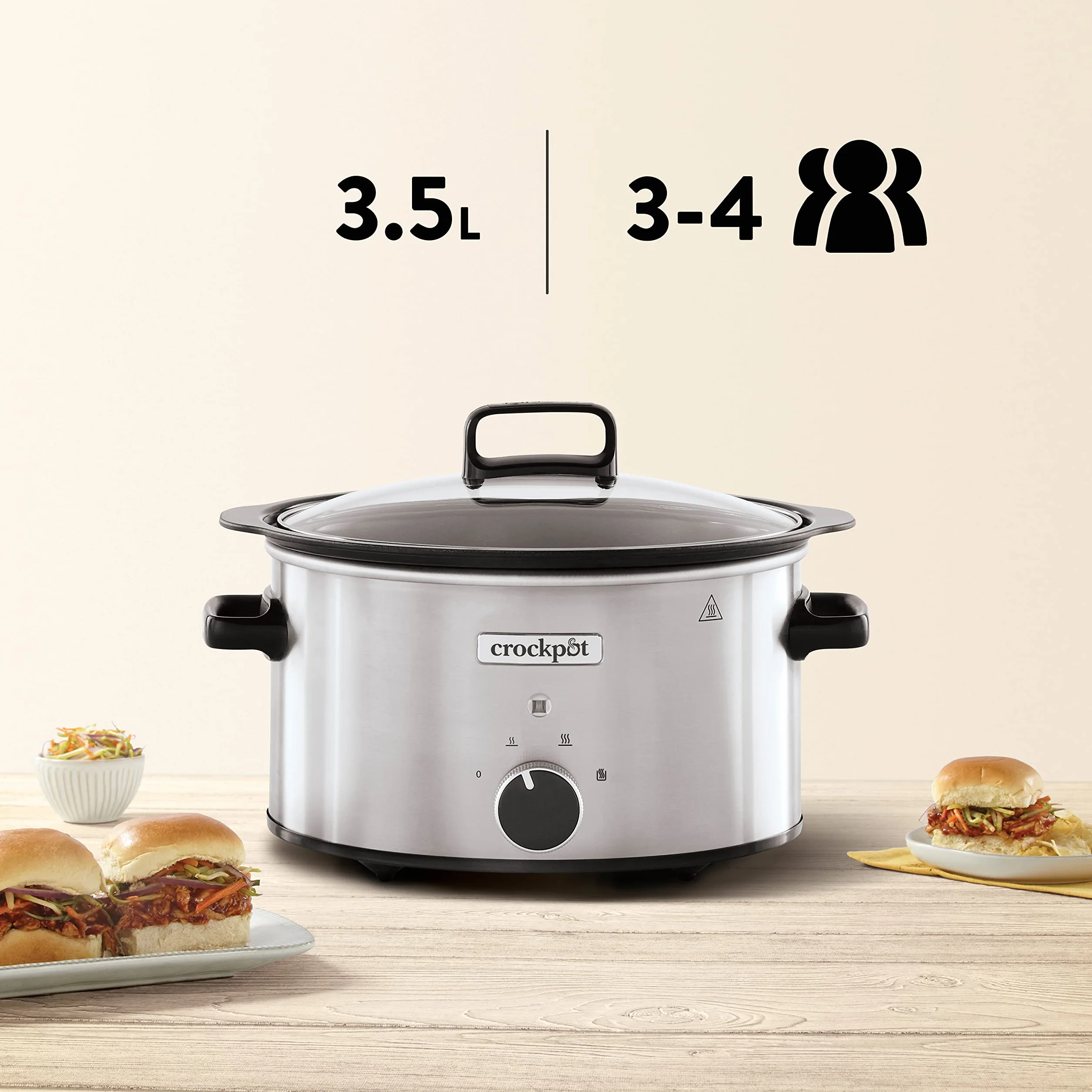 Crock-pot Pentola per Cottura Lenta, Slow Cooker, 3.5 Lt, fino a 4 Persone, Sizzle&Stew, Pentola interna in alluminio per rosolare sul fuoco, 2 Impostazioni Cottura e Funzione Warm, 210W max, Argento