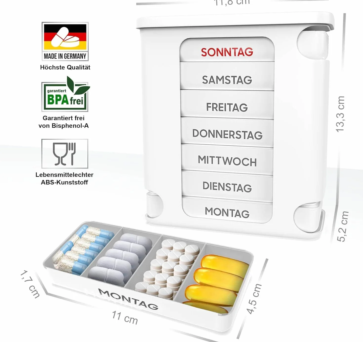 Portapillole 7 giorni con 4 scomparti – Prodotto in Germania – Compresse, Torre di pillole, pillole, dosatore per medicinali, scatola per la conservazione di compresse