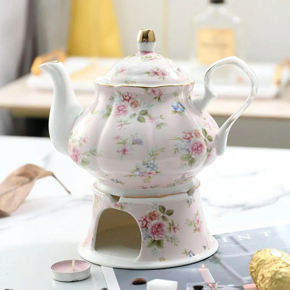 Teiera Inglese Britannica da 400 ml con Base riscaldante in Porcellana, Set di teiere con fornello in Ceramica