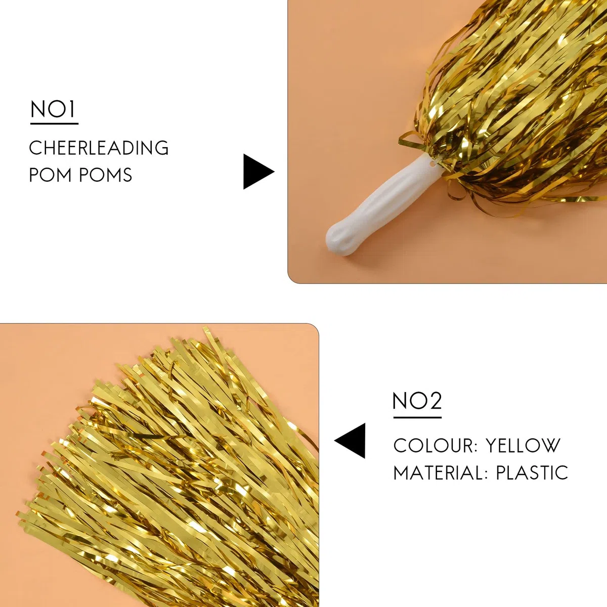 24 Stück Cheerleading Pom Poms - Pellicola con Manico in plastica, per Adulti, Bambini, Cheerleader, Feste, Colore Giallo