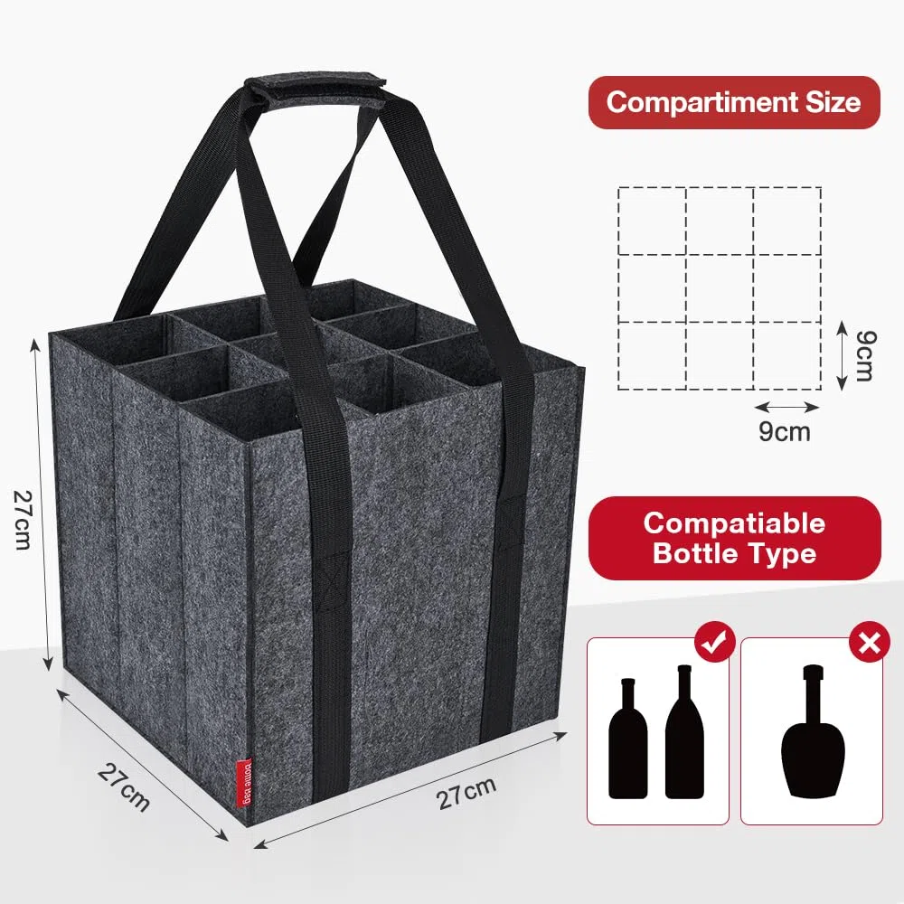 Eurhomewit Borsa per Bottiglie Vino Acqua in Feltro, 9 Scomparti Borse Porta Vino Portabottiglie, Borsa Trasporto per Vino Bottiglie in Vetro 1,5 litri, Riutilizzabile - Nero
