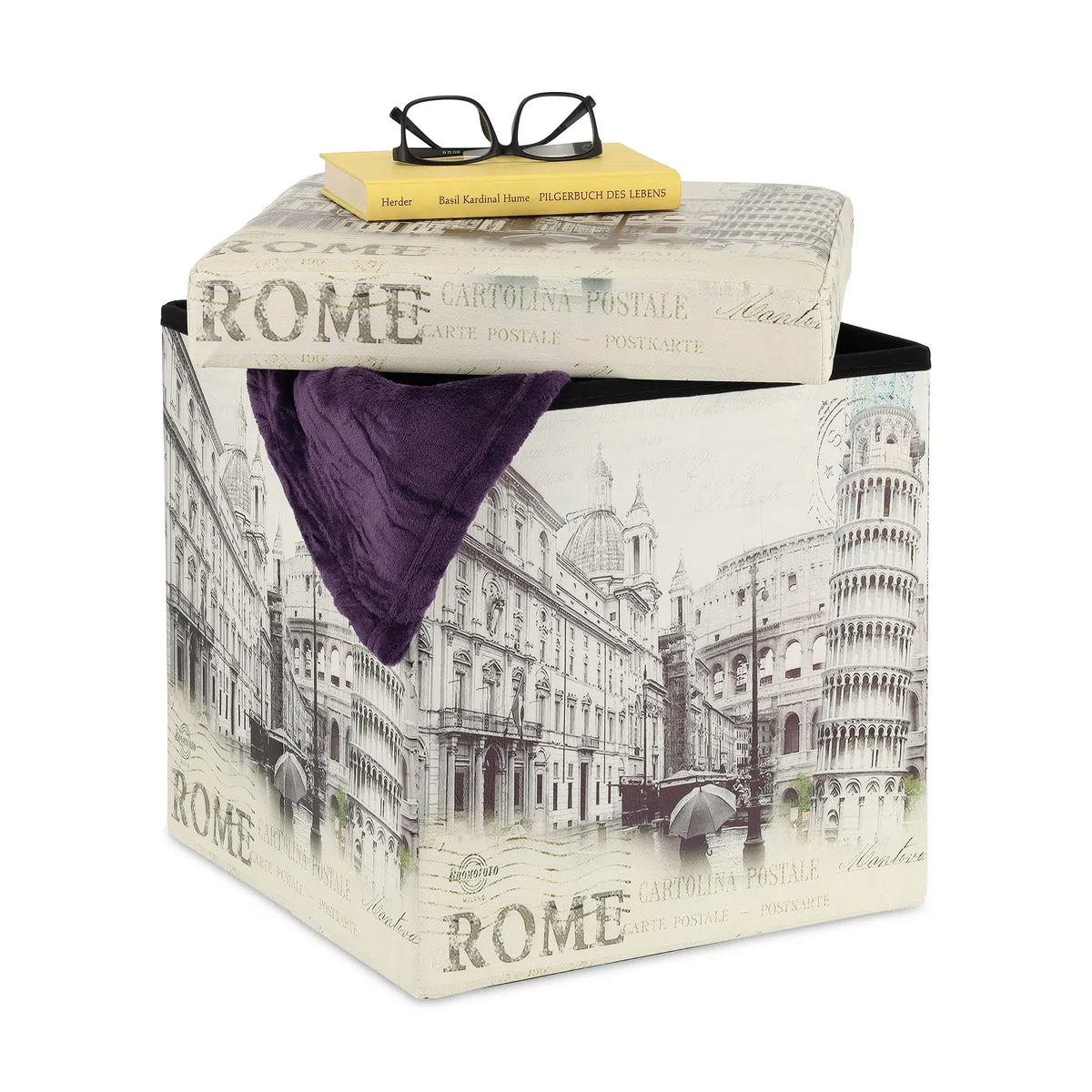 Relaxdays Pouf Contenitore, Design Vintage Italia, Sgabello Poggiapiedi Imbottito, Pieghevole, 38x37,5x37,5 cm, Bianco