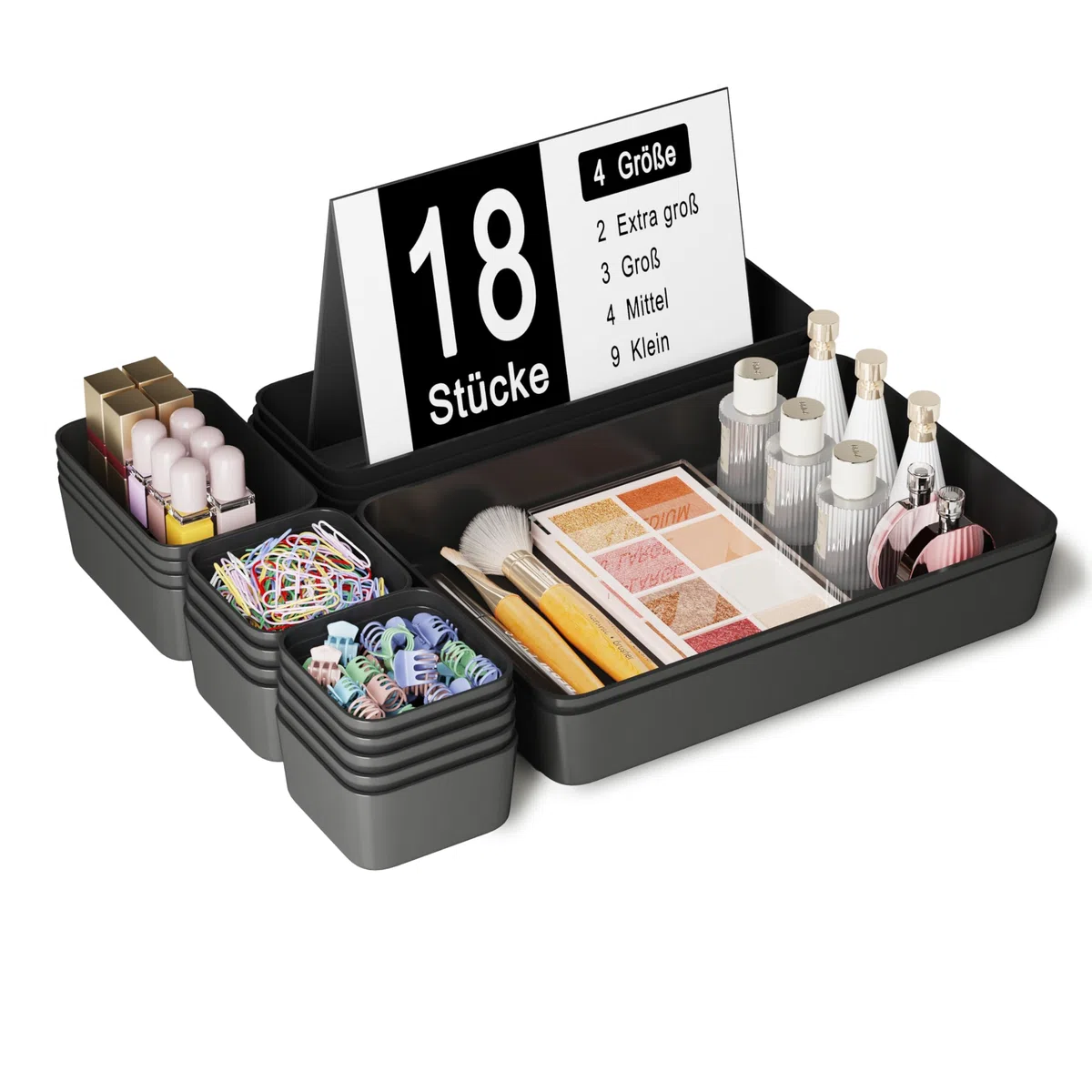 Organizer Cassetti Plastica, 18 Pezzi, Scatole Plastica Organizer, Contenitori per Cassetti Salvaspazio per Trucchi Cassetti, Cosmetici, Bagno, Cucina, Ufficio, Scrivania
