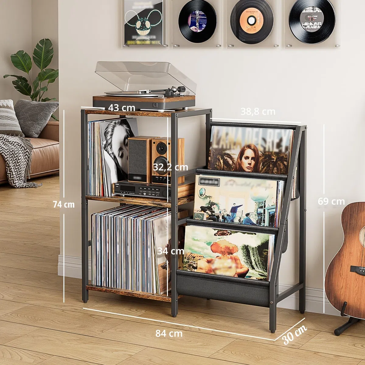 Bikoney Giradischi Vinili Stand Tavolino con Archiviazione Record in Vinile a 3 livelli, Espositore per Dischi in Vinile Fino a 200 album,Gabinetto del Supporto da Record in Vinile per Soggiorno