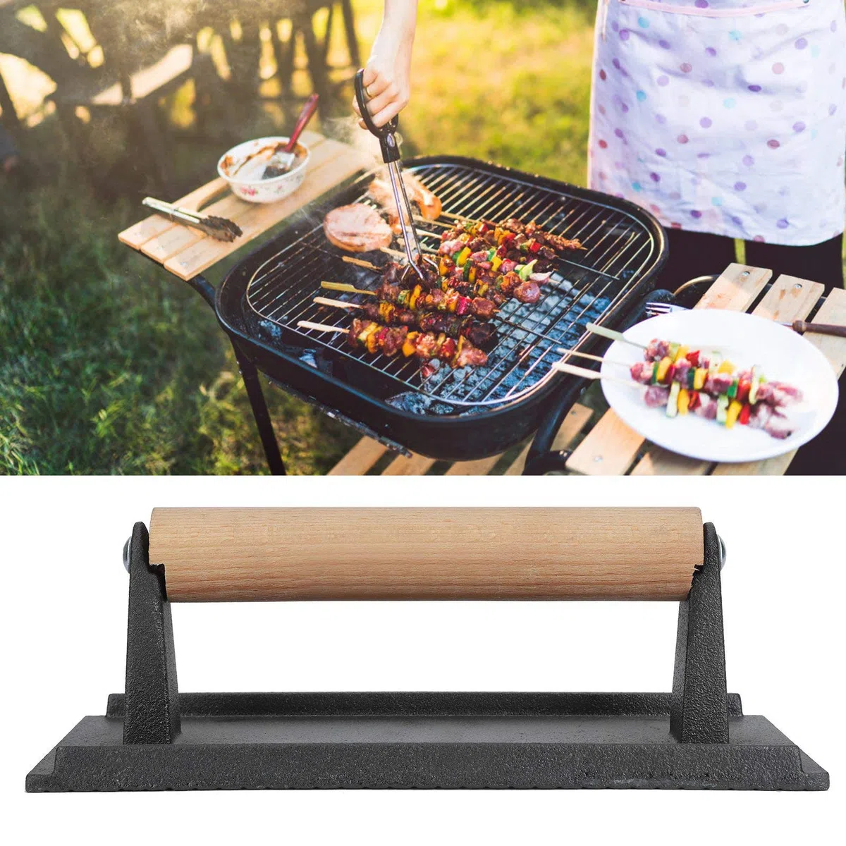 Pressa per Griglia in Ghisa da 8,3 Pollici, Pressa per Hamburger con Pancetta E Pancetta, Pressa per Barbecue con Manico in Legno per Bistecche al Barbecue, Panini, Panini E Carni