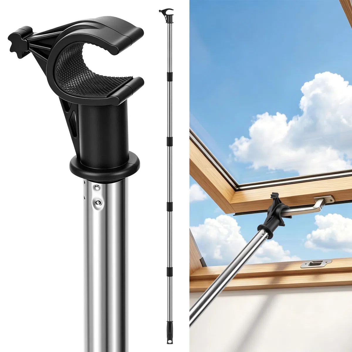 Asta telescopica per lucernario 1.9m, Acciaio Inox con Gancio Universale, per lucernari Velux GGL/GGU e tapparelle, Bastone telescopico per finestra da tetto