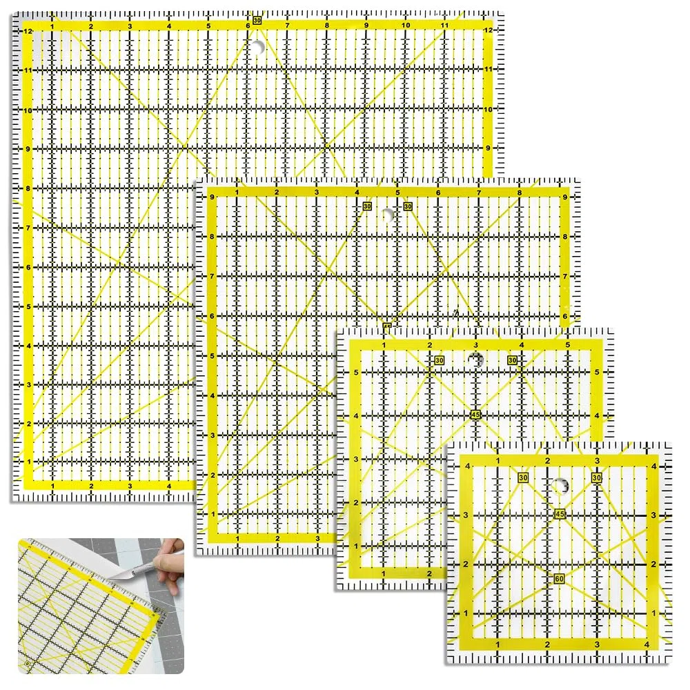 LPAMABA 4 Pz Righelli per Sartoria,Righelli Quadrati per Trapuntatura,Righello per Quilting in Acrilico Trasparente,Righello da Cucito per Trapunte per Taglio Preciso (31,7 cm/24cm/15,2cm/11,4cm)