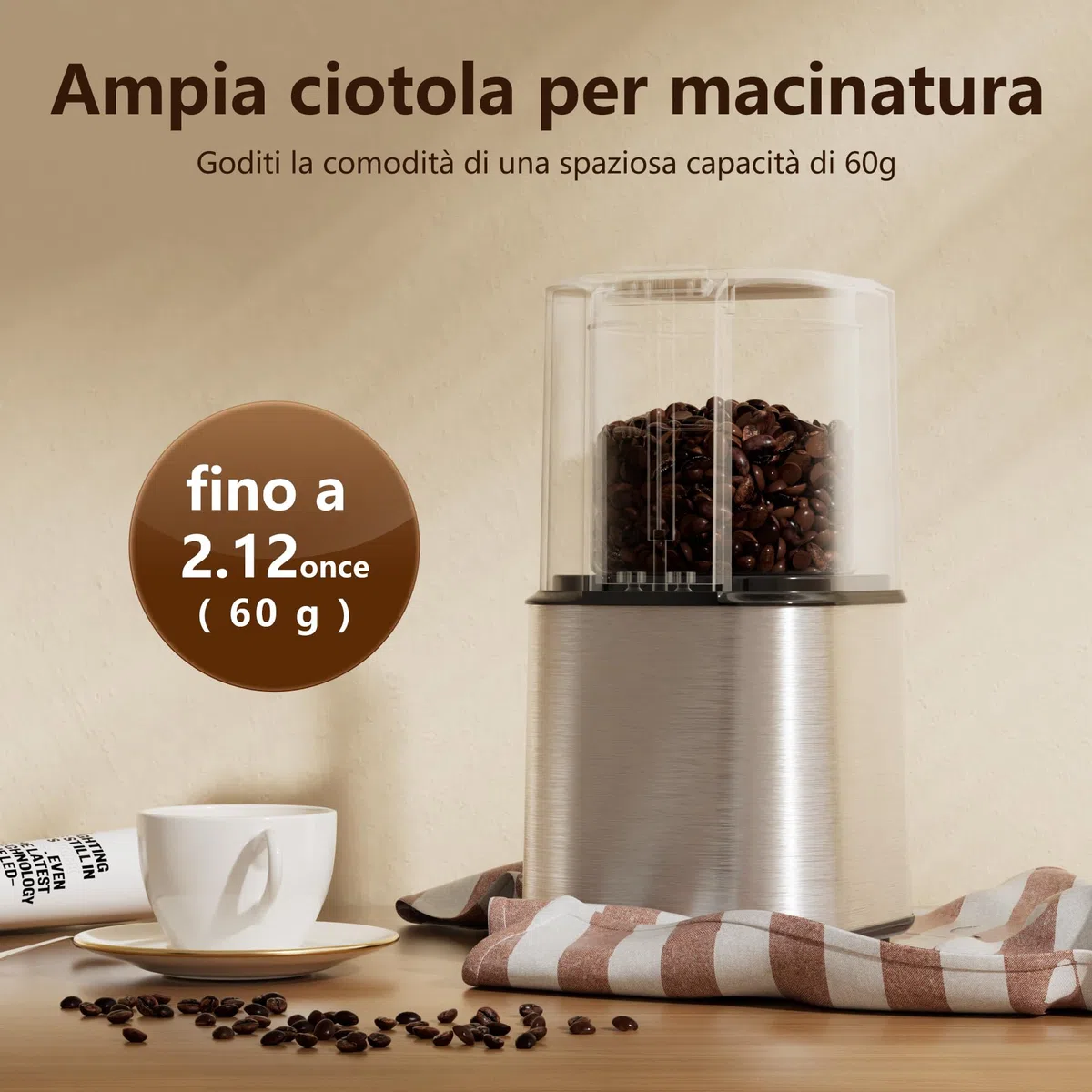 QEXREED Macina Caffe' Elettrico 150W, Macinacaffè Elettrico con Contenitori Rimovibili in acciaio inossidabile, 60g Capacità, per Chicchi di Caffè, Spezie, Cereali, Pepe, Noci