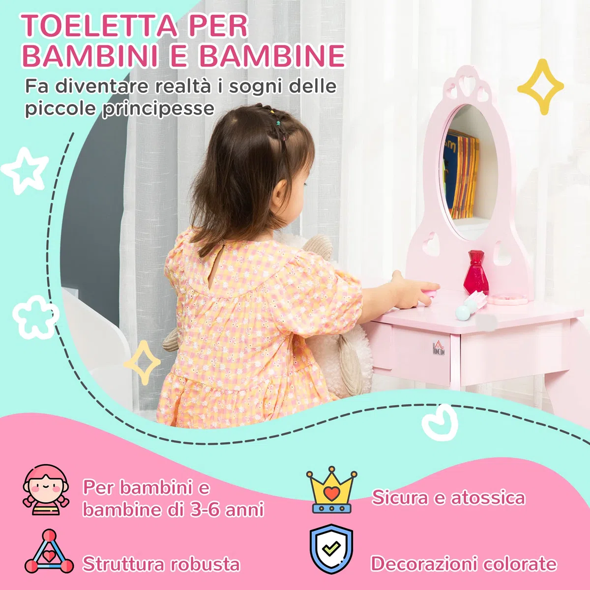 HOMCOM Toeletta Trucco Bambina con Sgabello in Legno, Postazione Trucco Bambina, Tavolo Trucco per Bambini 3-6 Anni con Specchio e Cassetto, Rosa