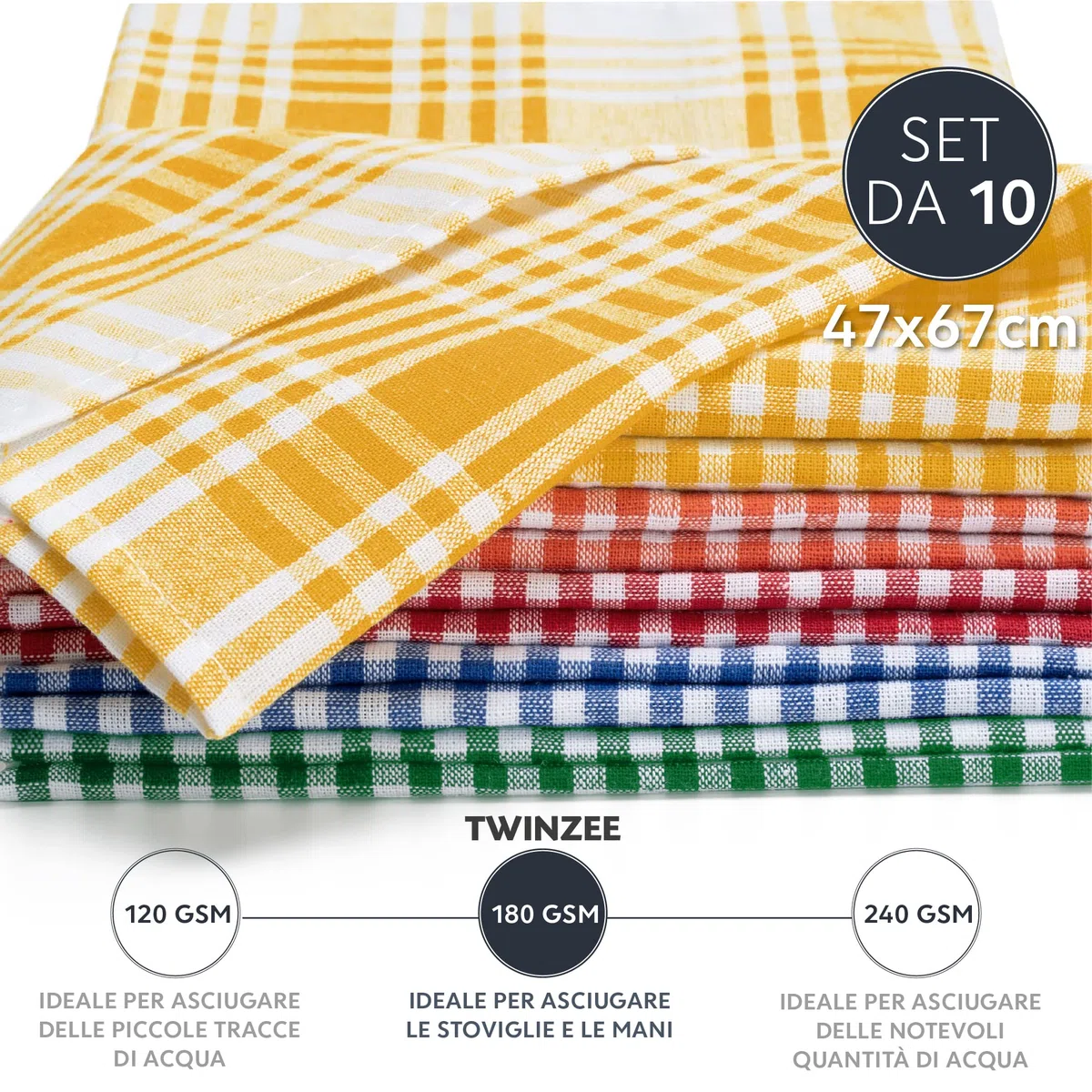 Twinzee Strofinacci Cucina Cotone (Set da 10) Quadretti - 100% Cotone - 47 x 67 cm - design retrò - Asciuga Piatti e Mani - 2 Blu, 2 Rosso, 2 Verde, 2 Arancione, 2 Giallo