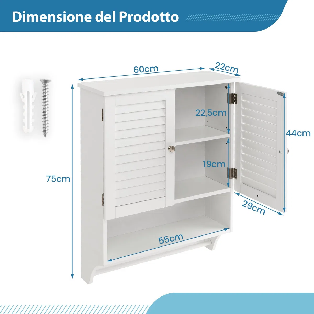 COSTWAY Armadietto da Bagno Sospeso, Armadietto da Parete con 2 Ante, con Ripiano Regolabile in 3 Posizioni e Barra Porta Asciugamani, 60x22x75 cm (Bianco)