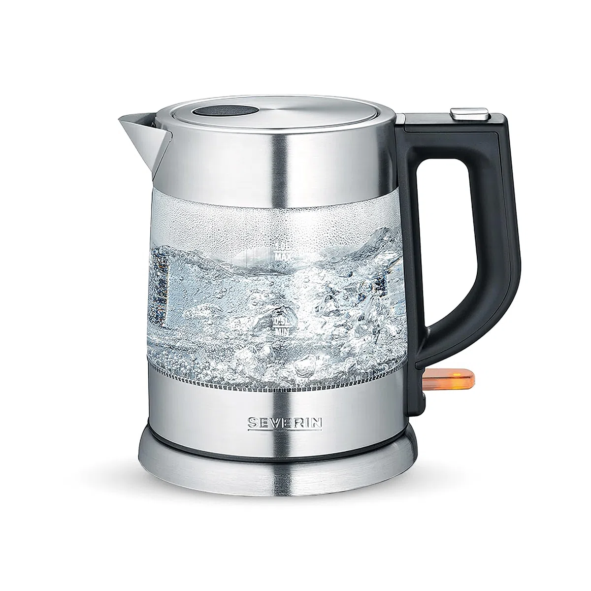 SEVERIN Bollitore in vetro, potente e compatto con design di alta qualità, bollitore elettrico con filtro anticalcare, acciaio inox/nero, WK 3468
