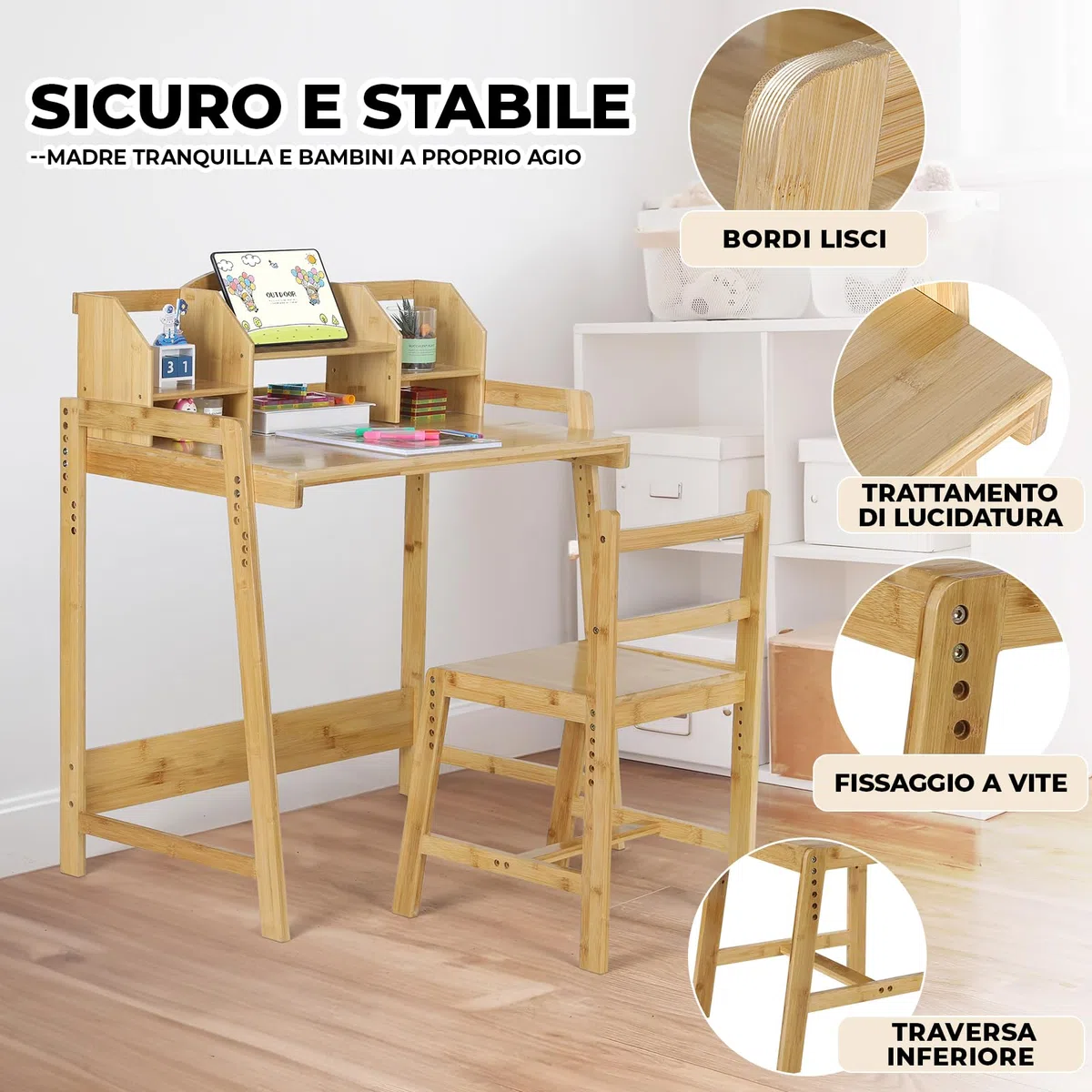 Scrivania per bambino Regolabile in Altezza, con Sedia, in Legno di Bambù, Supporto per Libri, Set da Scrivania, Colore Naturale