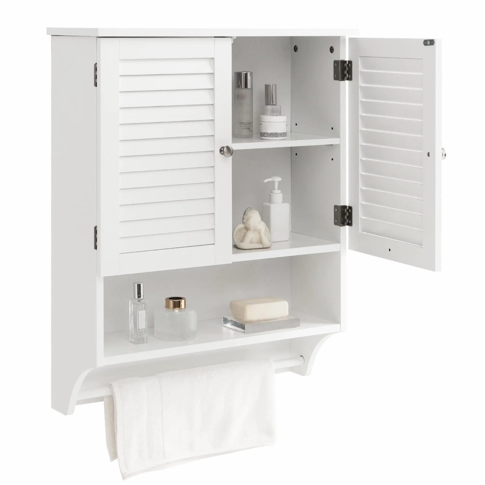COSTWAY Armadietto da Bagno Sospeso, Armadietto da Parete con 2 Ante, con Ripiano Regolabile in 3 Posizioni e Barra Porta Asciugamani, 60x22x75 cm (Bianco)
