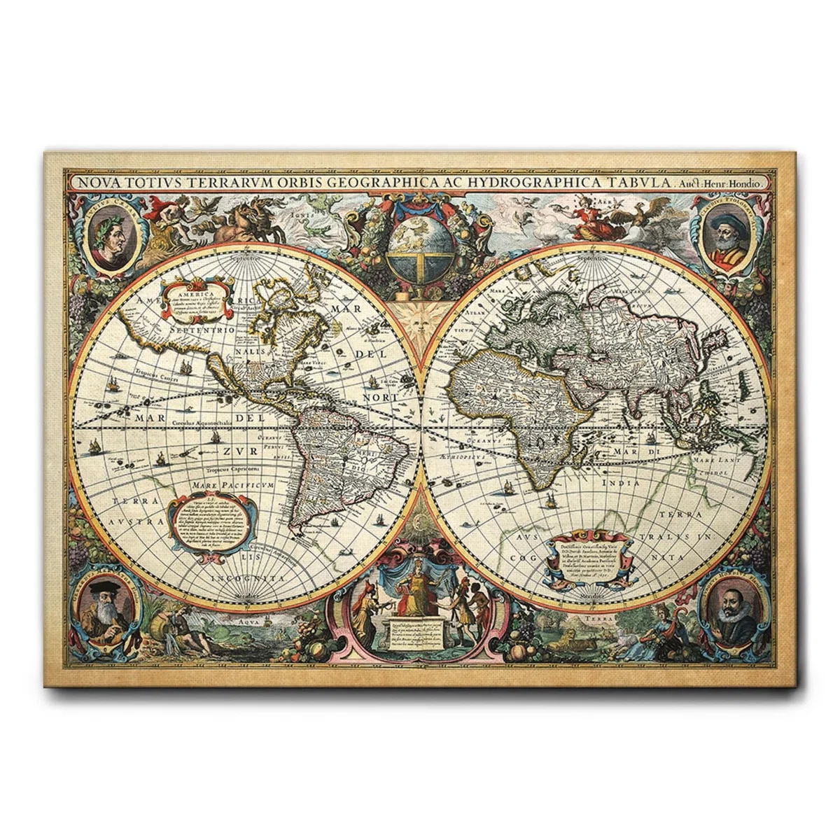 Giallobus - Quadro - Mappa del mondo Nova Terrarum Orbis - Tela Canvas Telaio Standard - 100L x 70l cm - Pronto da appendere - Quadri moderni per la casa